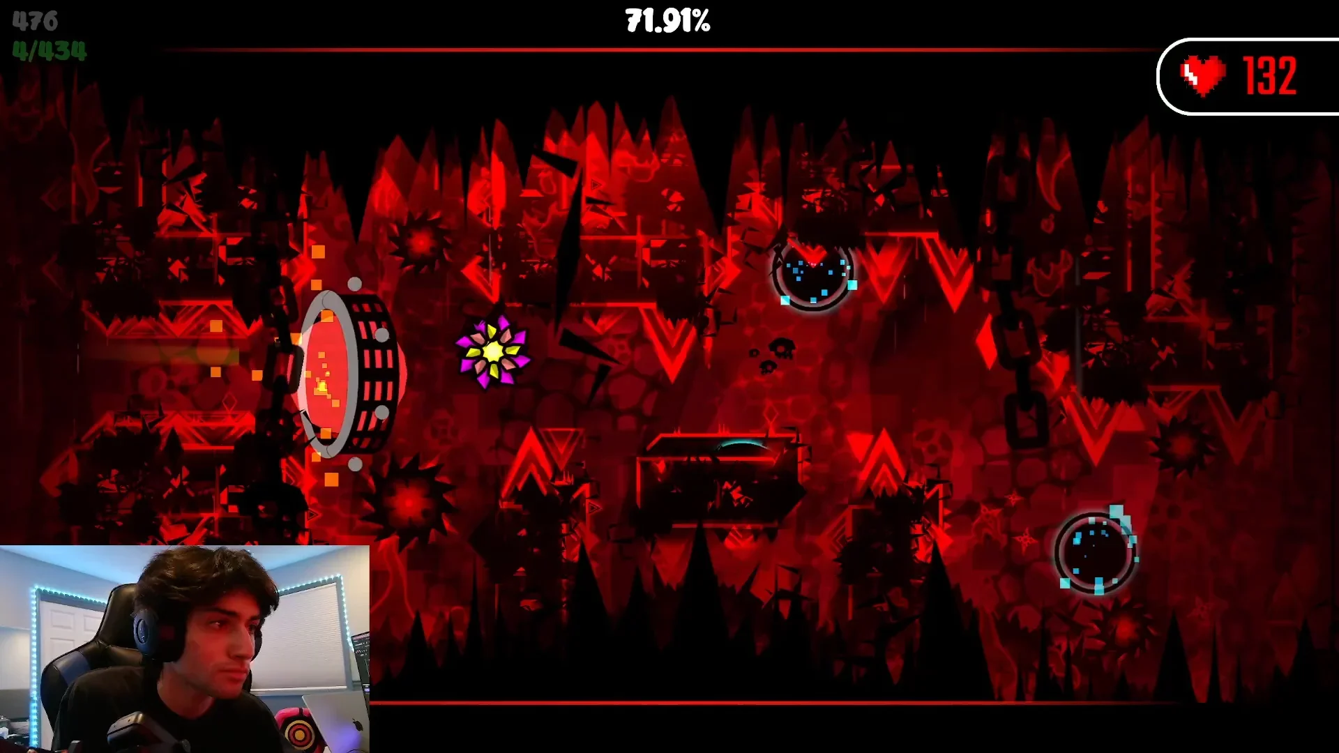 Geometry Dash GRIEF gameplay shows the player reaching 71.91% during an Extreme Demon verification attempt.