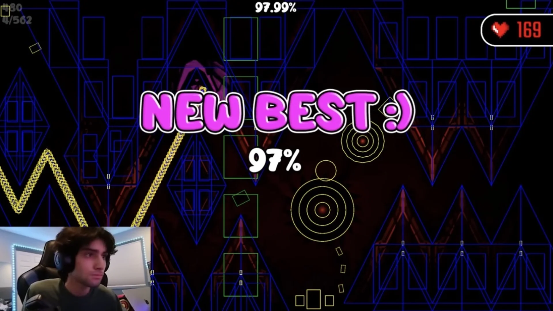 Geometry Dash GRIEF gameplay shows a new best of 97% after an attempt ends near the level's final section.