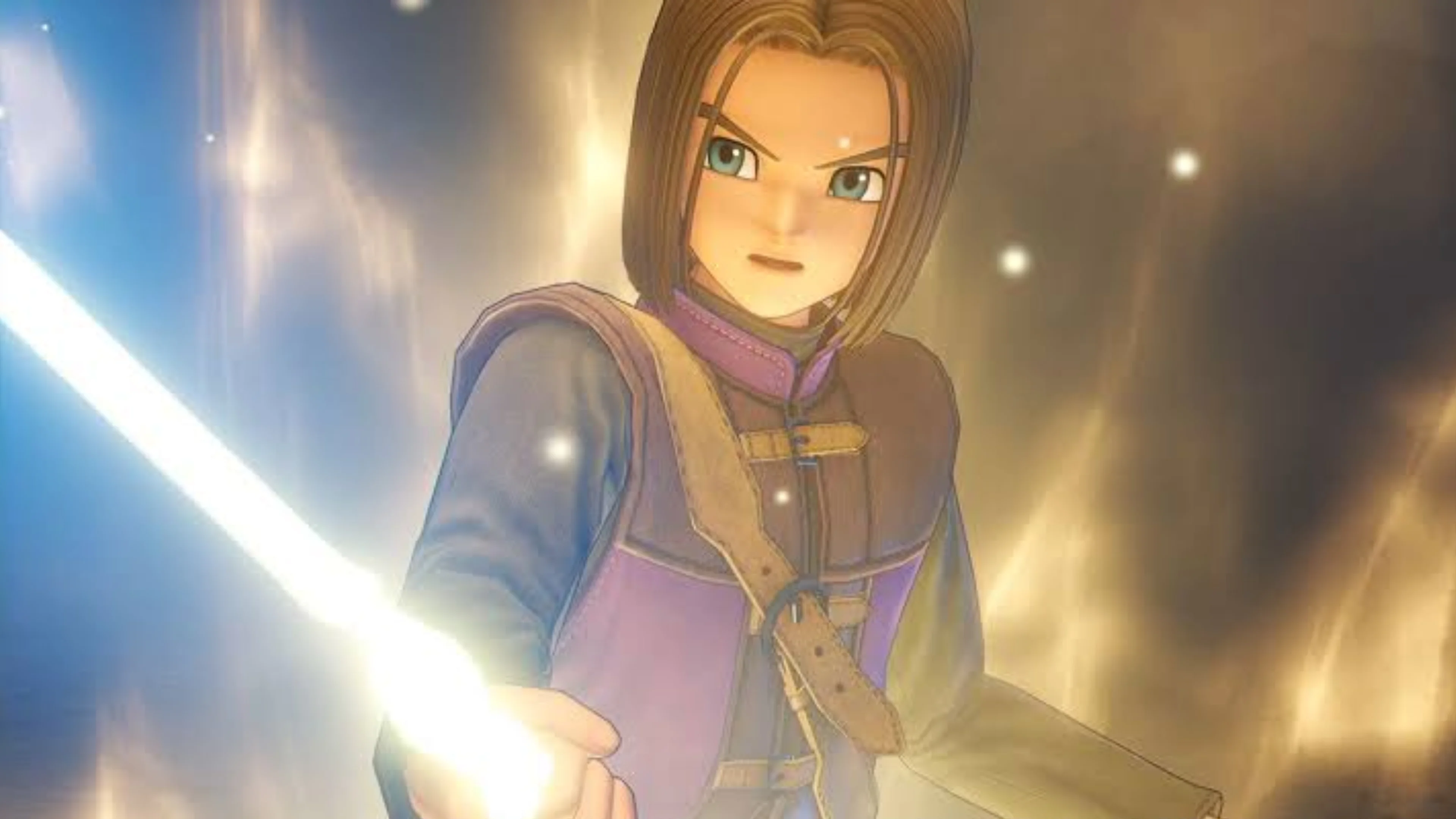 The Luminary holds a glowing sword while wearing a purple and blue outfit in Dragon Quest XI, surrounded by golden light.