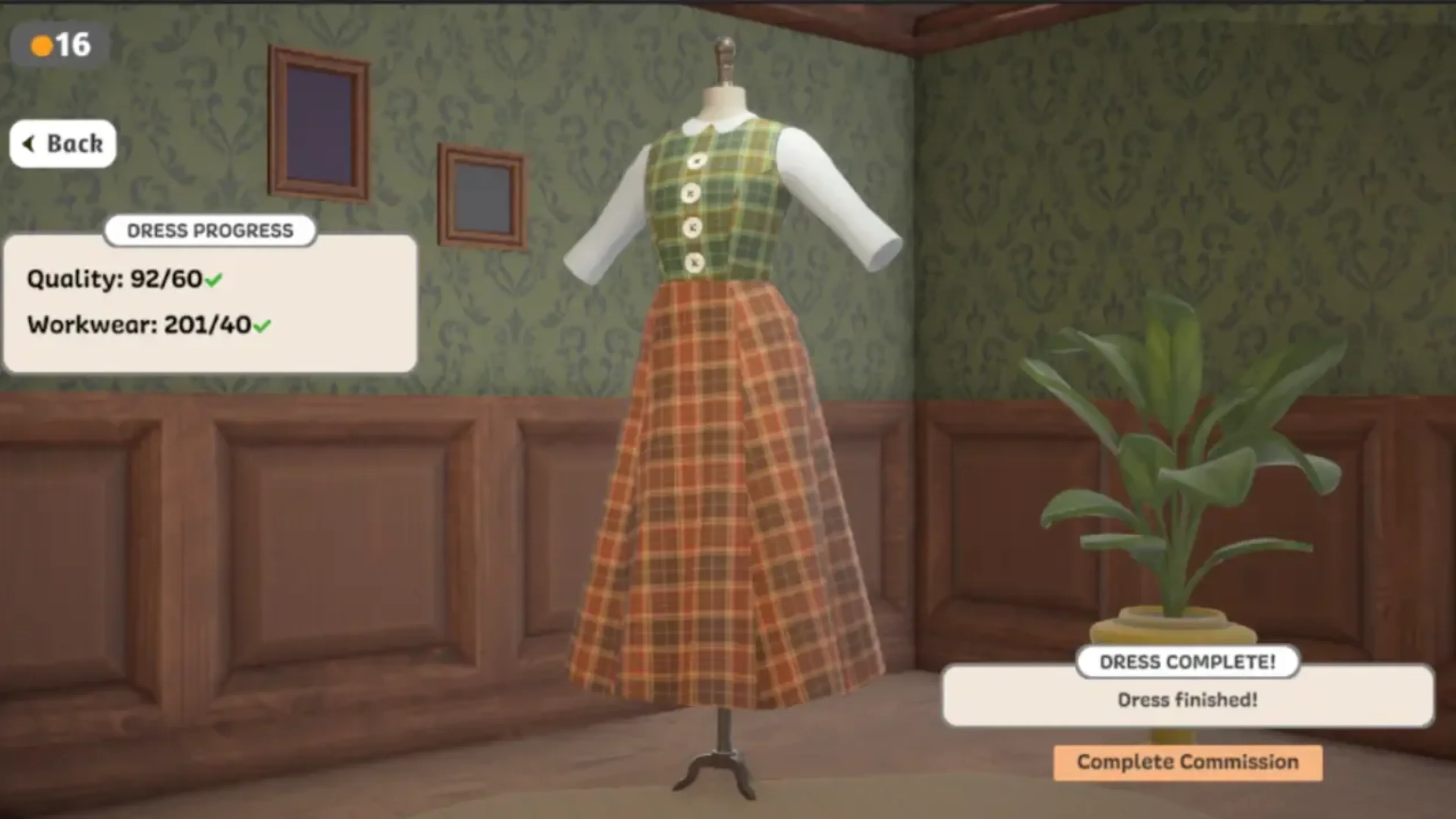 A mannequin displays a finished dress with a green plaid bodice, white sleeves and an orange plaid skirt in Dressmaker.