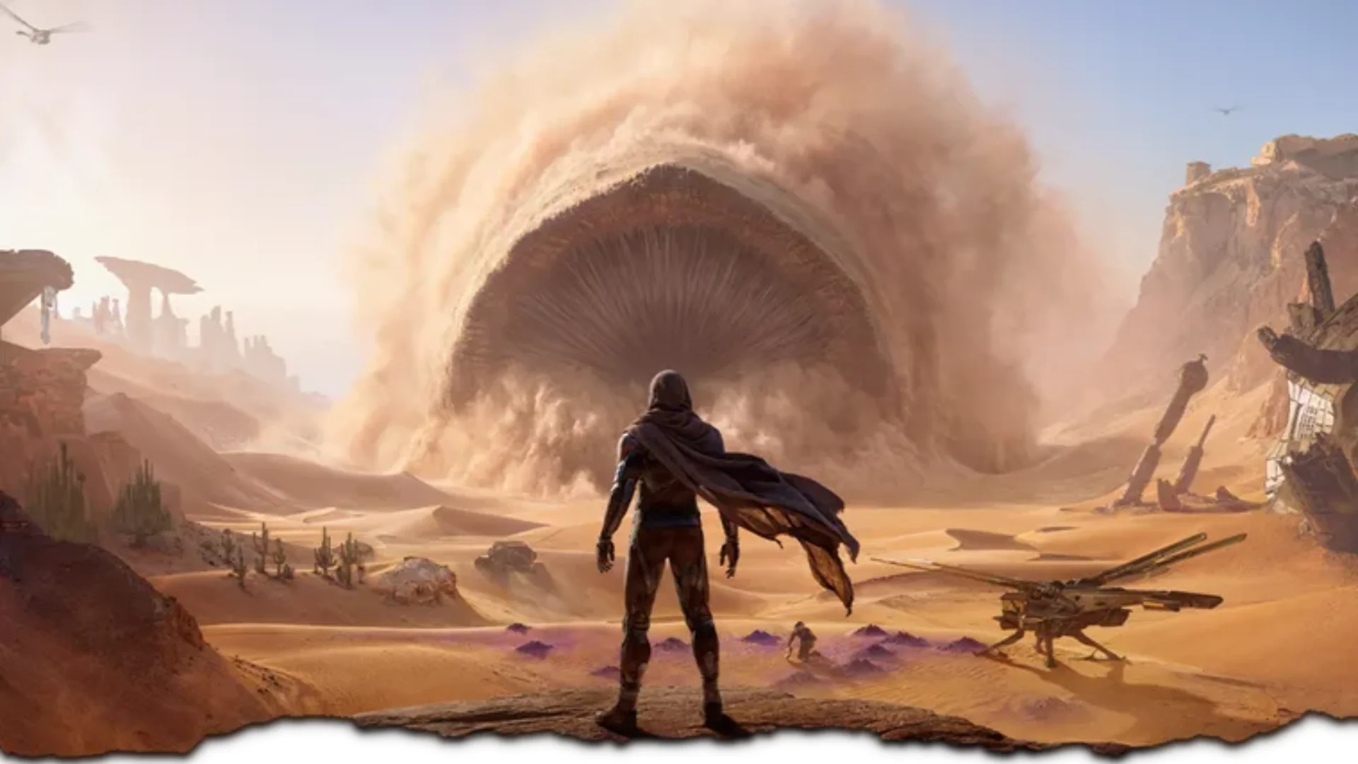 A Dune: Awakening character faces a massive sandworm emerging from the desert in a cloud of sand.