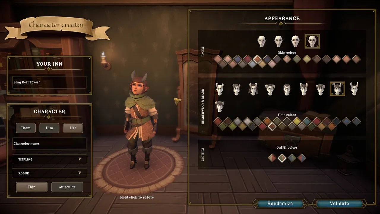 The character creation screen in Dungeons & Dragons: Long Rest Tavern, showing a tiefling rogue and appearance options.