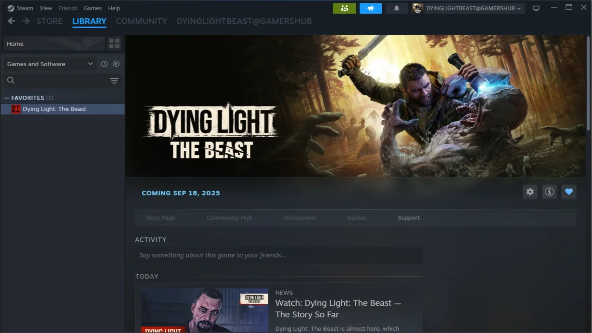 Steam Library page for Dying Light: The Beast showing the game's banner and release information.