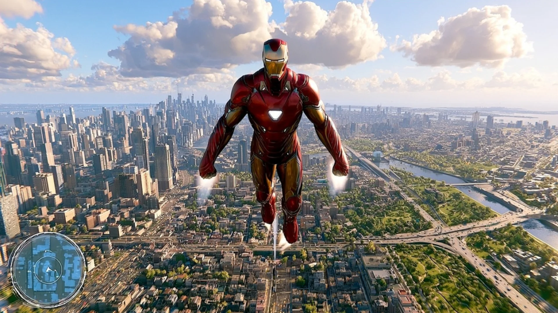 ron Man flies over a large city with a minimap visible in leaked gameplay footage.