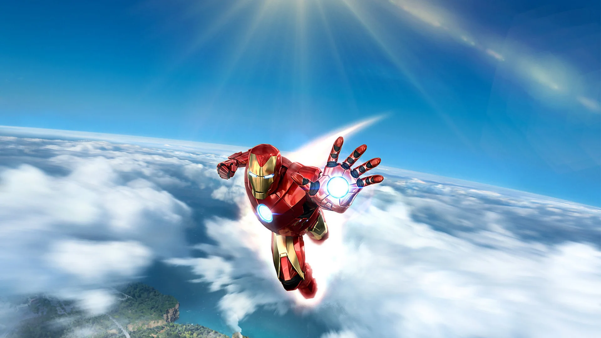 Iron Man flies above the clouds with his repulsor raised in leaked gameplay footage.