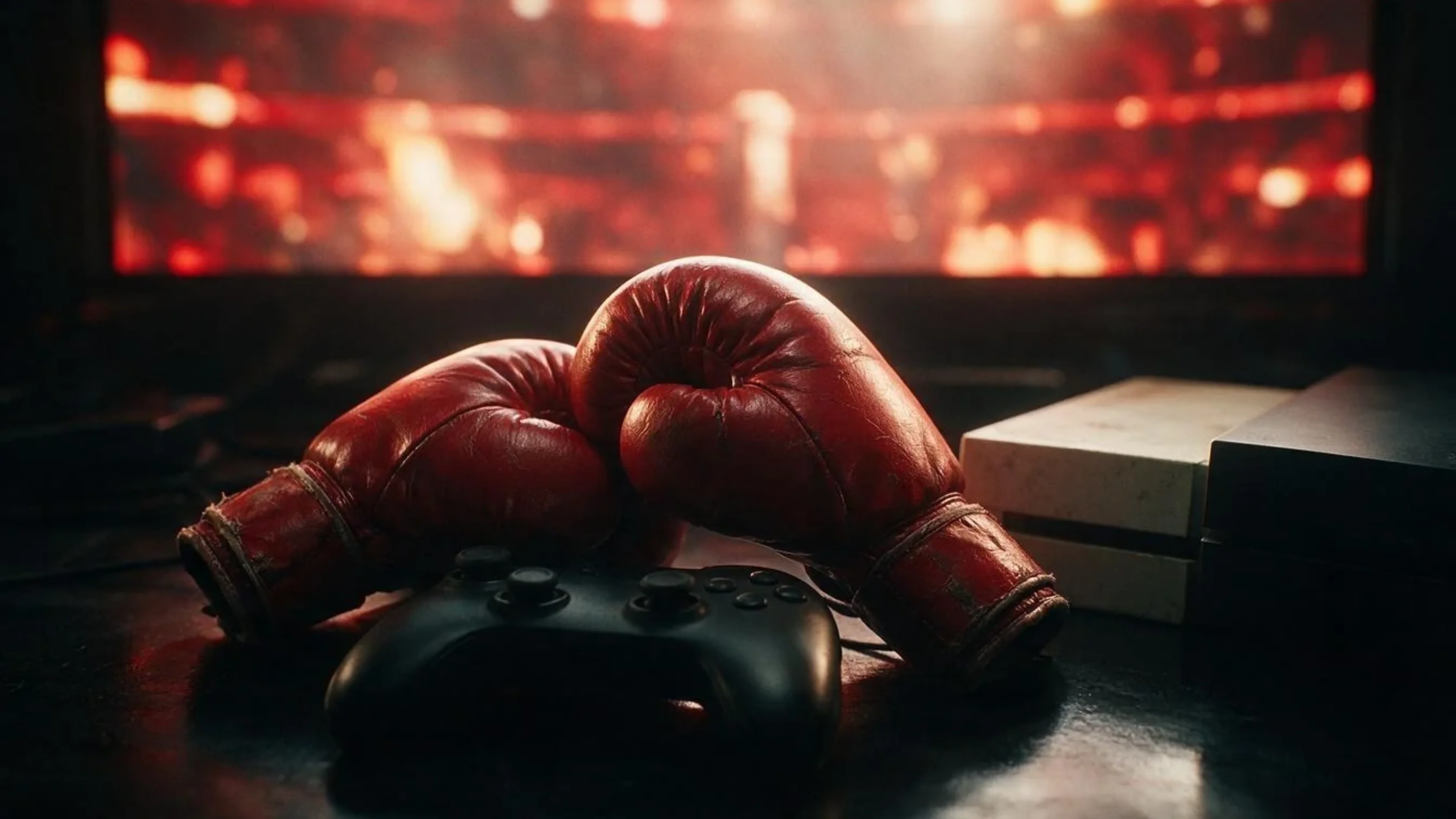 Red boxing gloves rest beside a game controller and console with a boxing ring illuminated in the background.