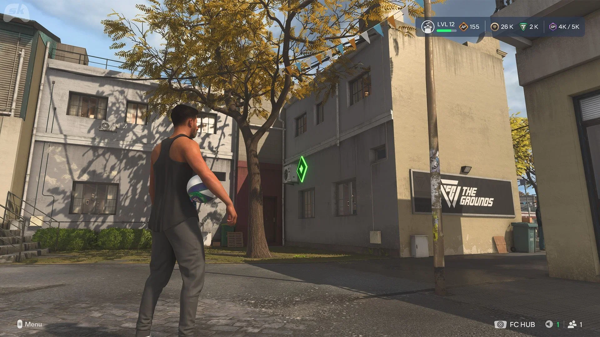 EA Sports FC 27 player holds a football outside The Grounds hub while the game interface displays progression and currency in