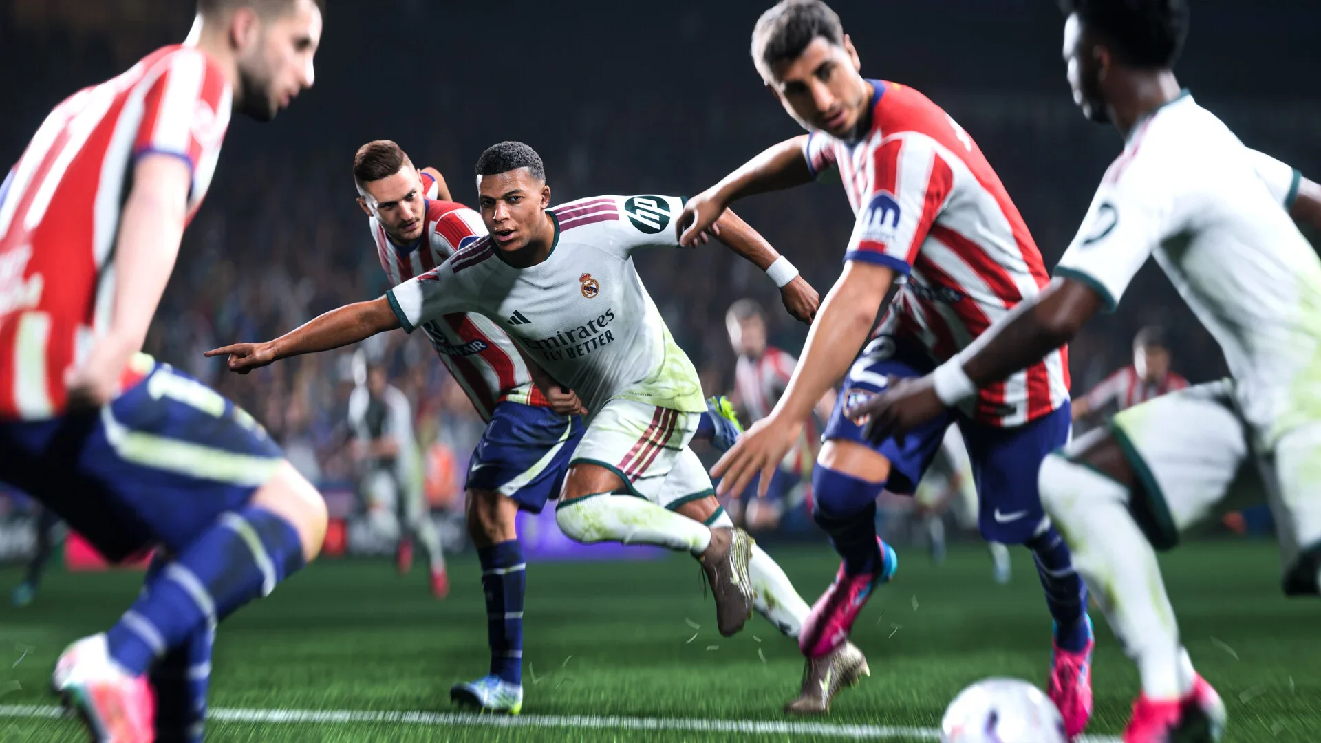Real Madrid player dribbles through several opposing defenders during a match in EA Sports FC 27.