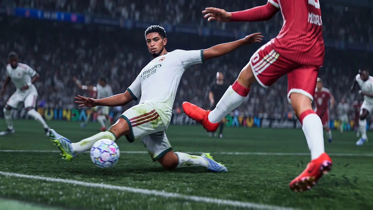 Jude Bellingham slides to intercept the ball from a Bayern Munich player in EA Sports FC 27.