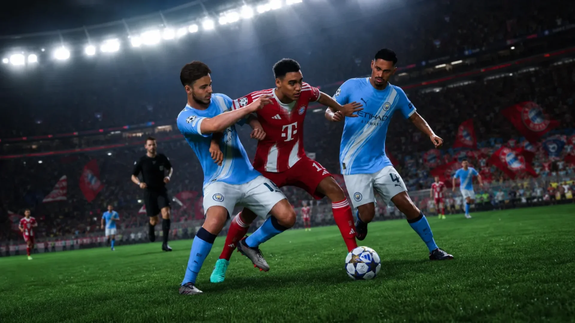 Bayern Munich player battles two Manchester City defenders for the ball during a stadium match in EA Sports FC 27.