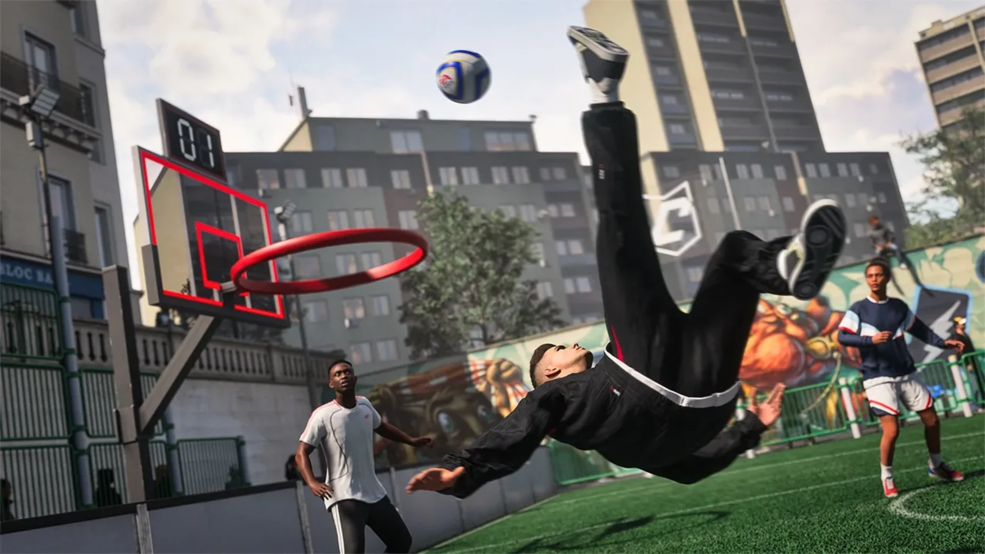 A player attempts a bicycle kick on an outdoor football court in The Grounds mode in EA Sports FC 27.