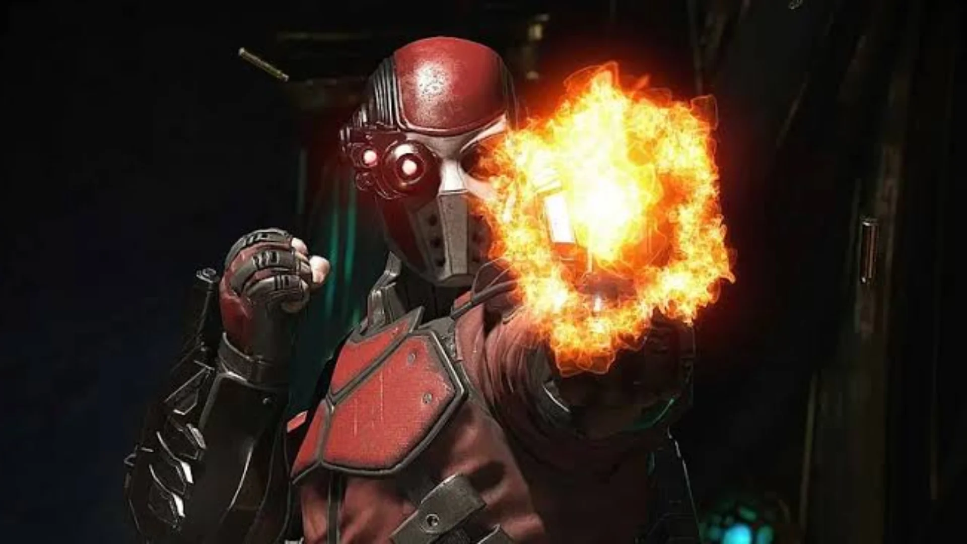 Red Hood fires a handgun toward the camera while wearing his red and black armor in Injustice 2.