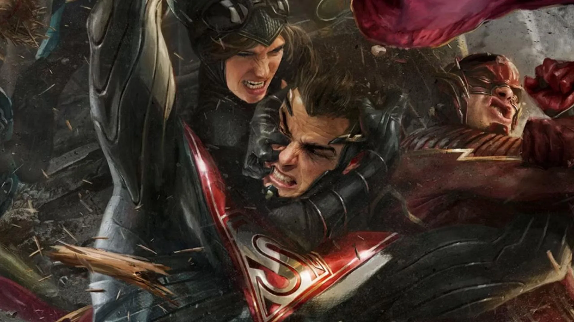 Wonder Woman restrains Superman as The Flash is knocked back in Injustice 2 promotional artwork.