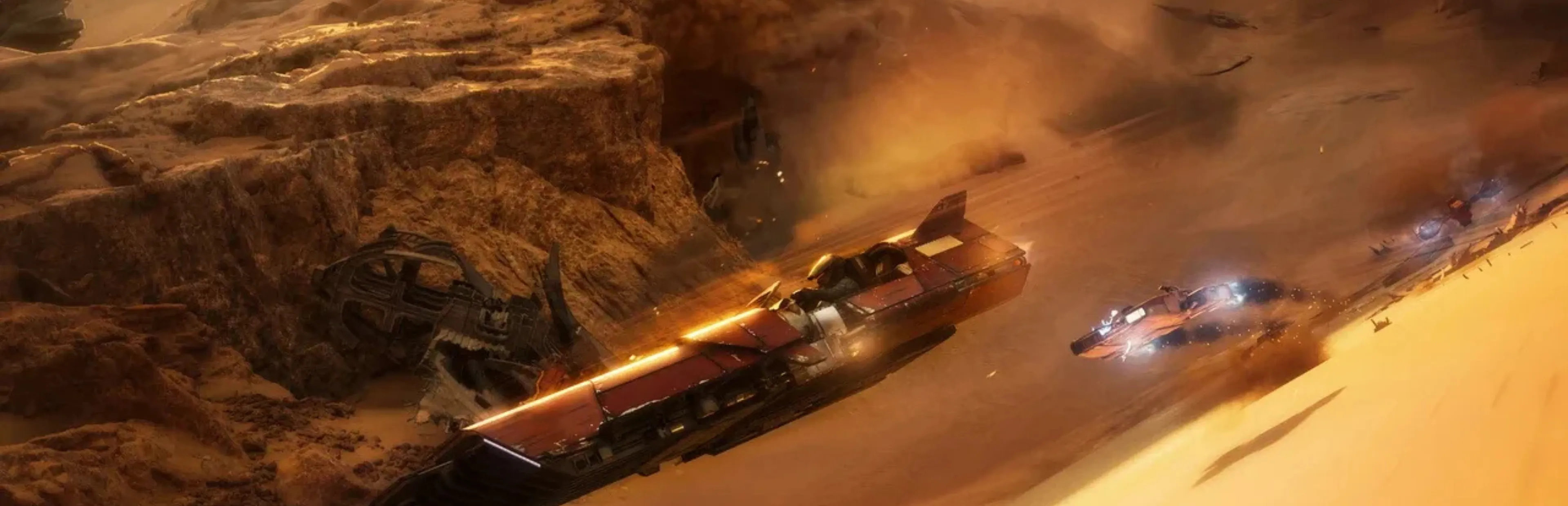 Speeders race through a desert canyon in Star Wars: Galactic Racer