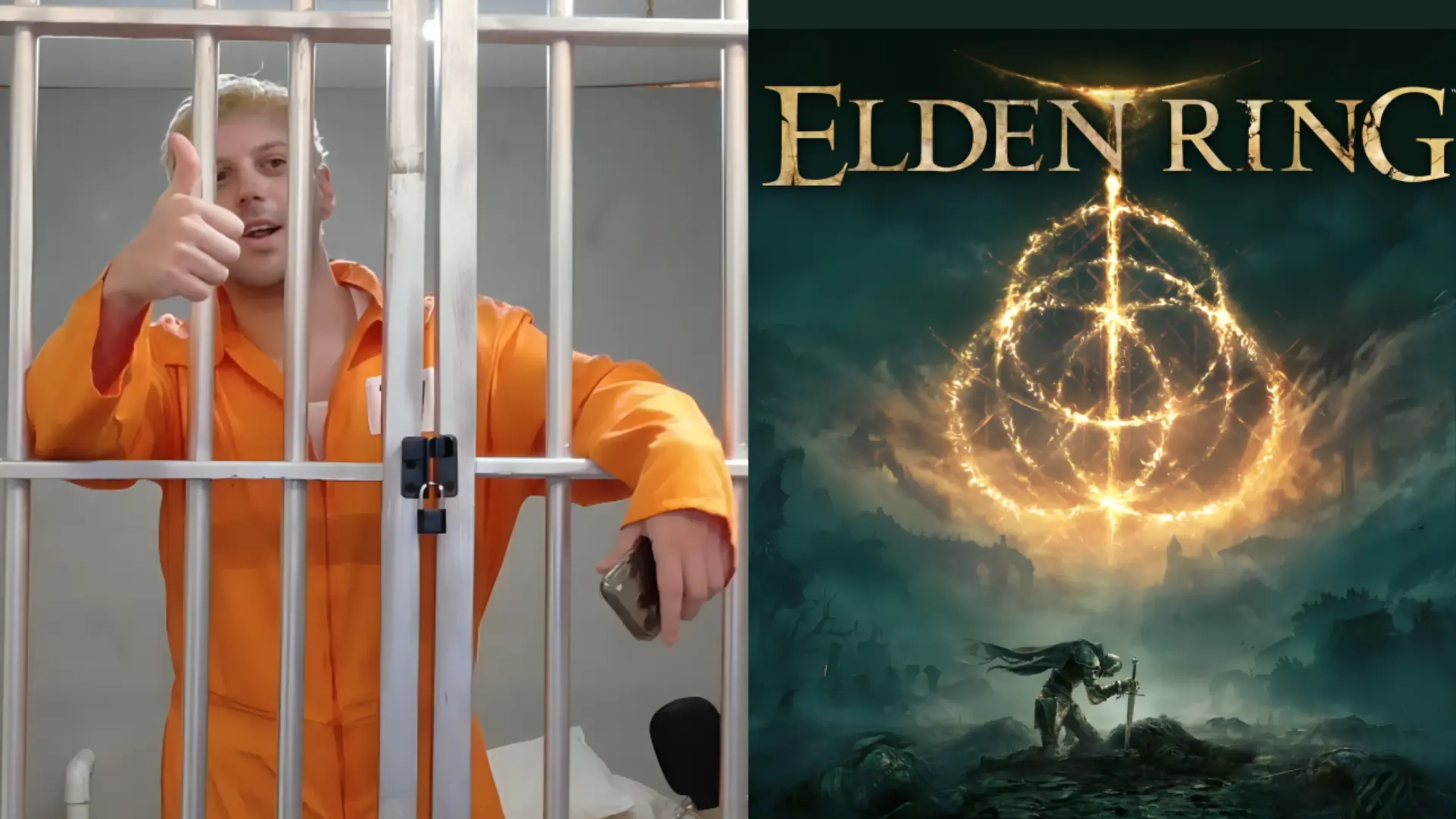 Twitch streamer Drake Cummings gives a thumbs-up behind jail bars beside Elden Ring promotional artwork.