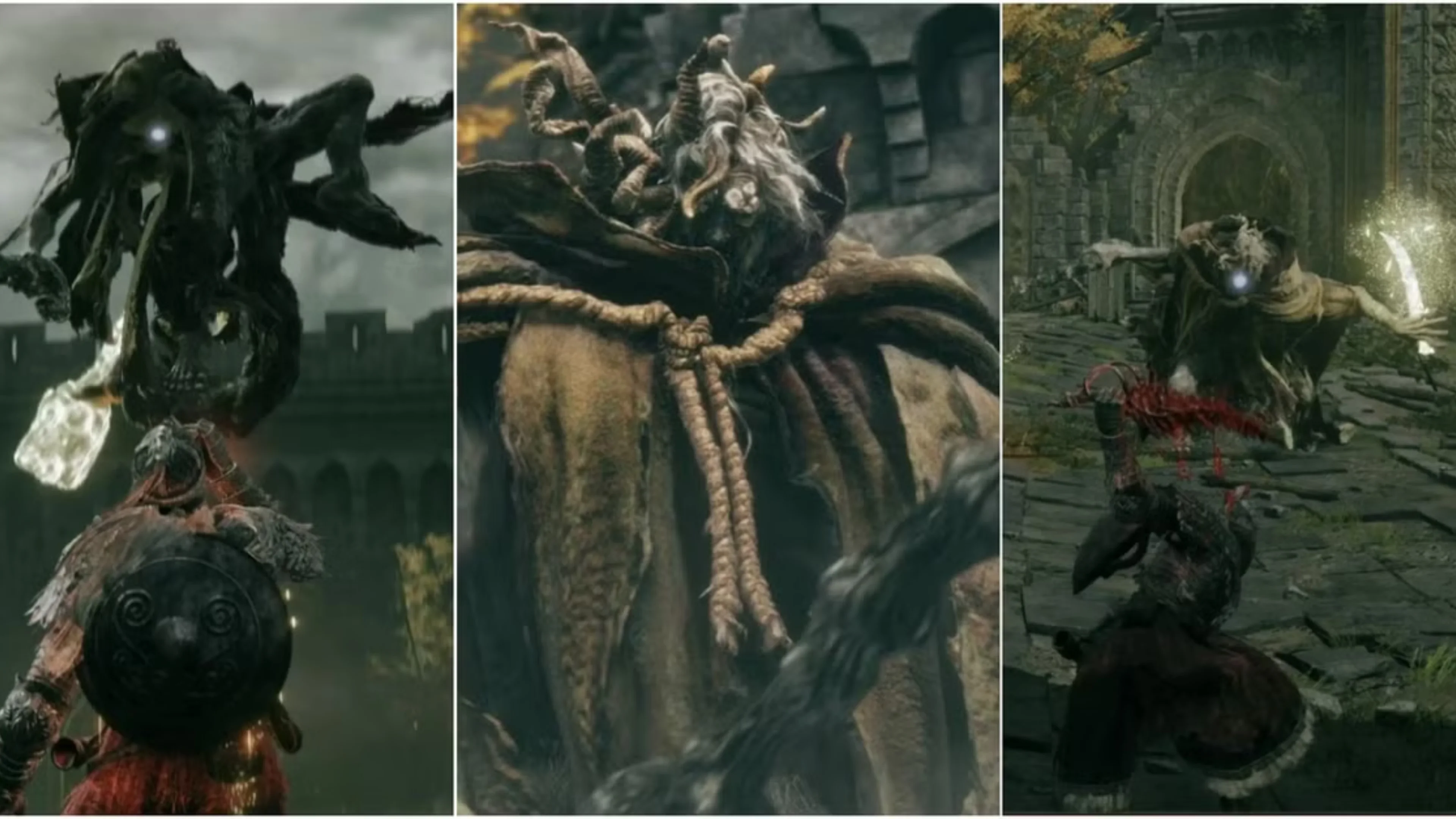 Three Elden Ring gameplay scenes show Margit, the Fell Omen, attacking an armored player in a castle courtyard.