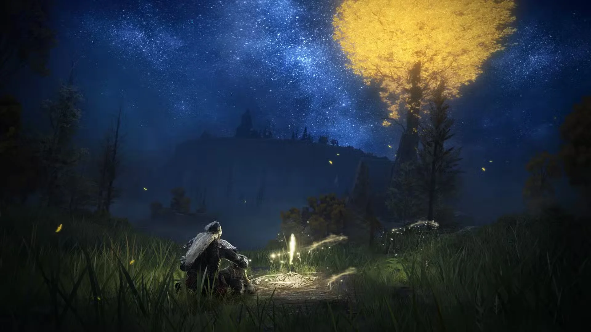 Elden Ring gameplay shows a Tarnished resting beside a glowing Site of Grace with the Erdtree towering under a starry sky.