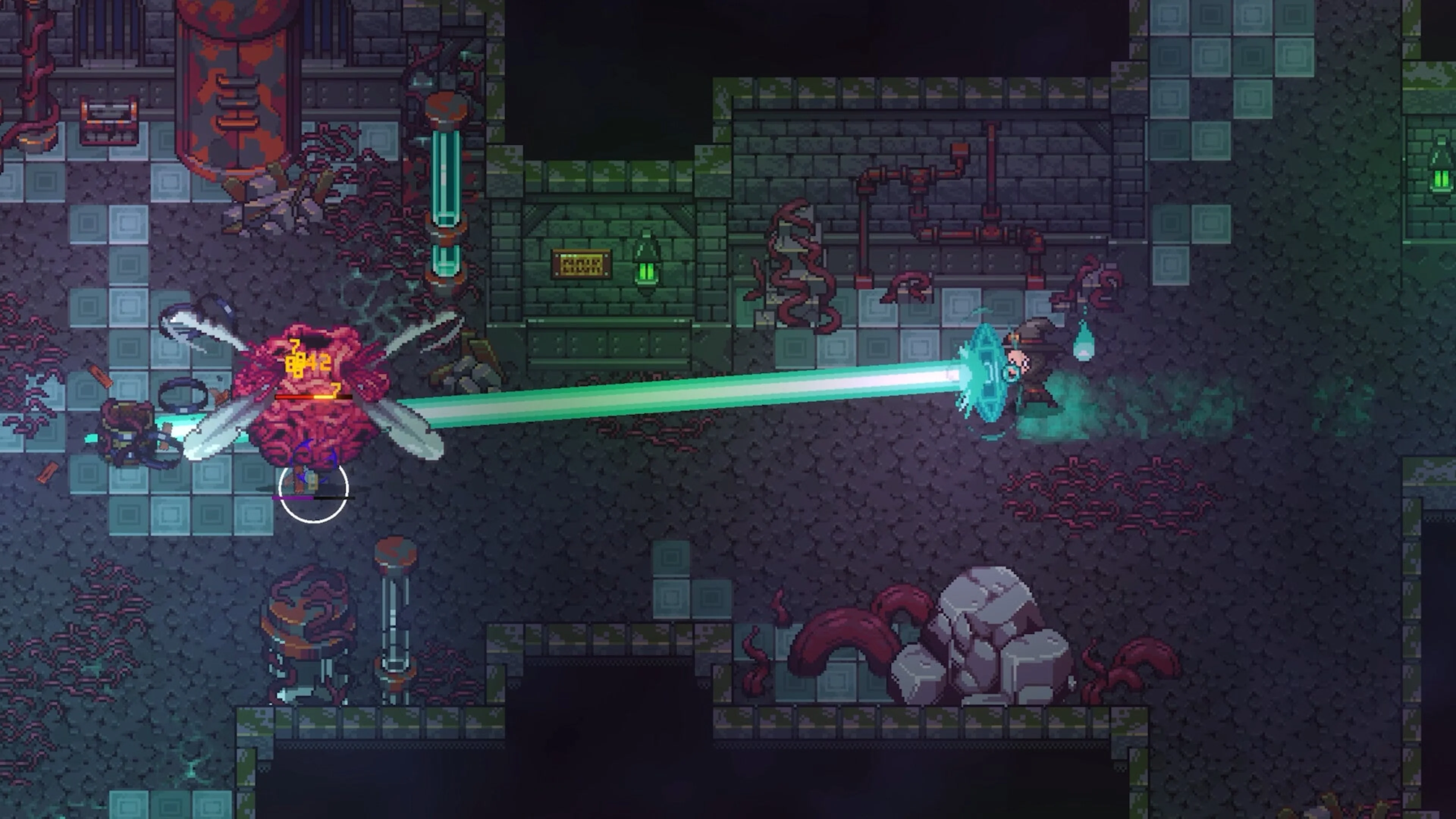A character fires a bright green energy beam at a red enemy inside a dark stone dungeon filled with twisted vines in Emberville.