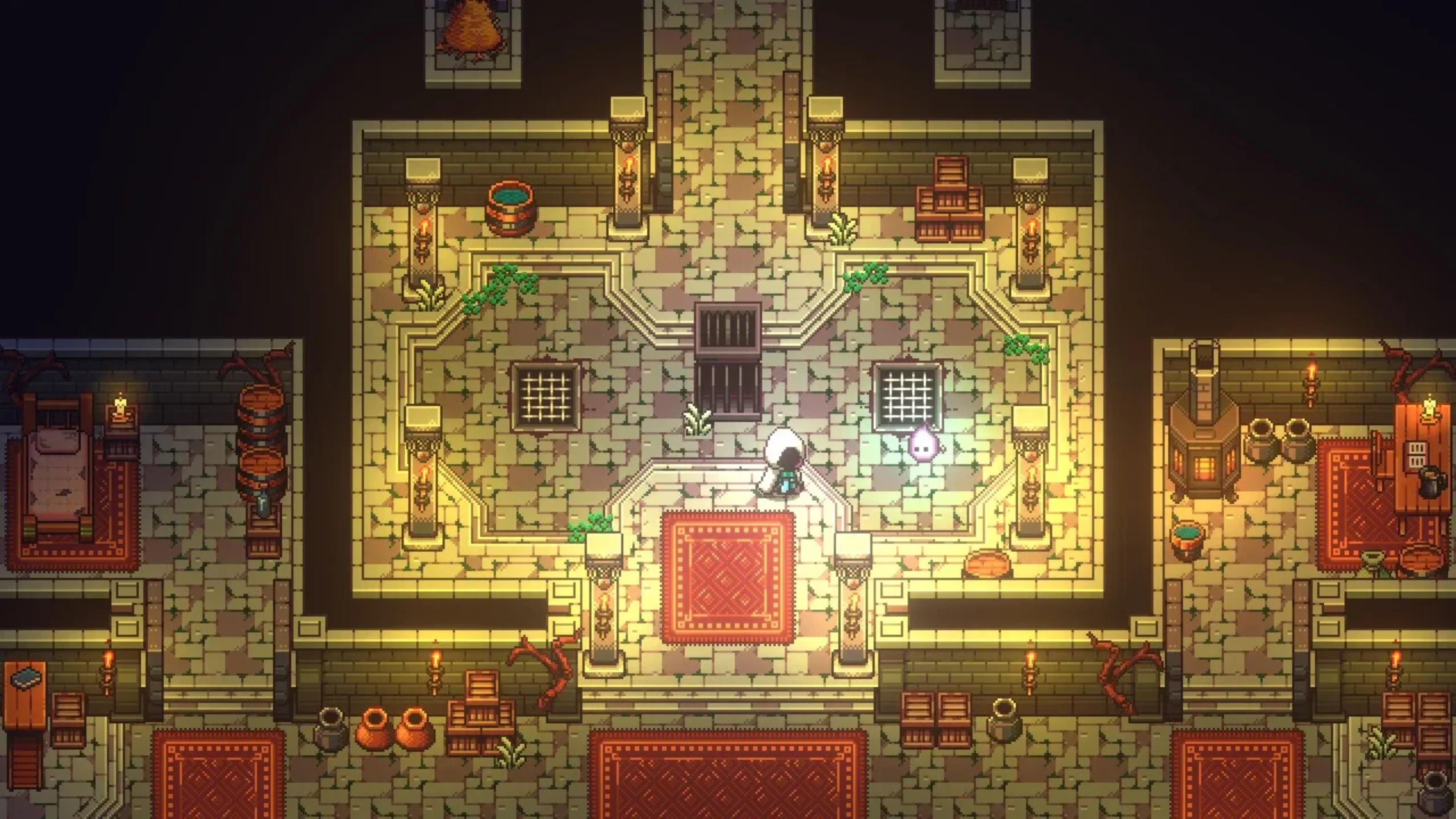 A small adventurer stands beside a pink slime creature in a torchlit stone chamber with pillars, crates, barrels and red rugs.