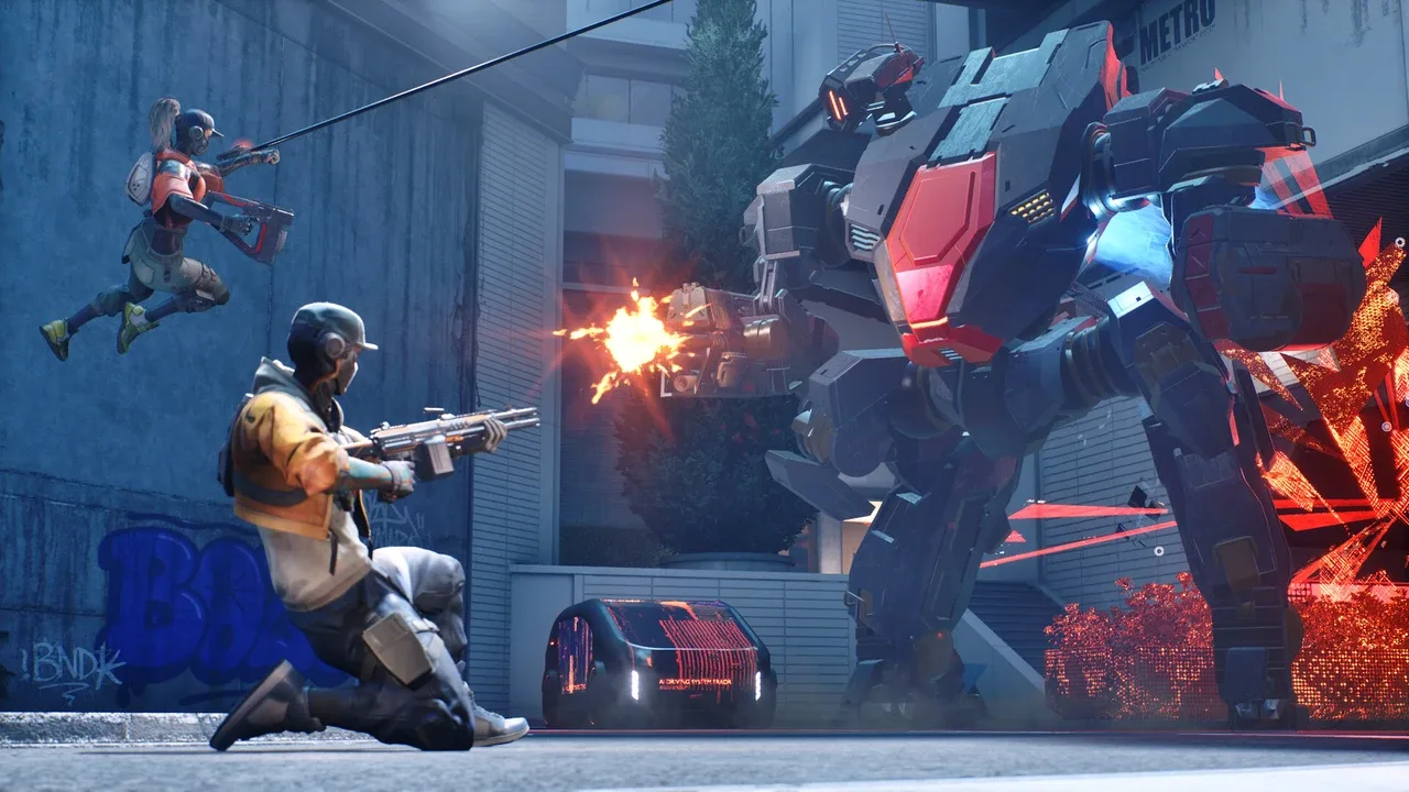 Two armed players fight a towering mech on an urban map in EMPULSE.