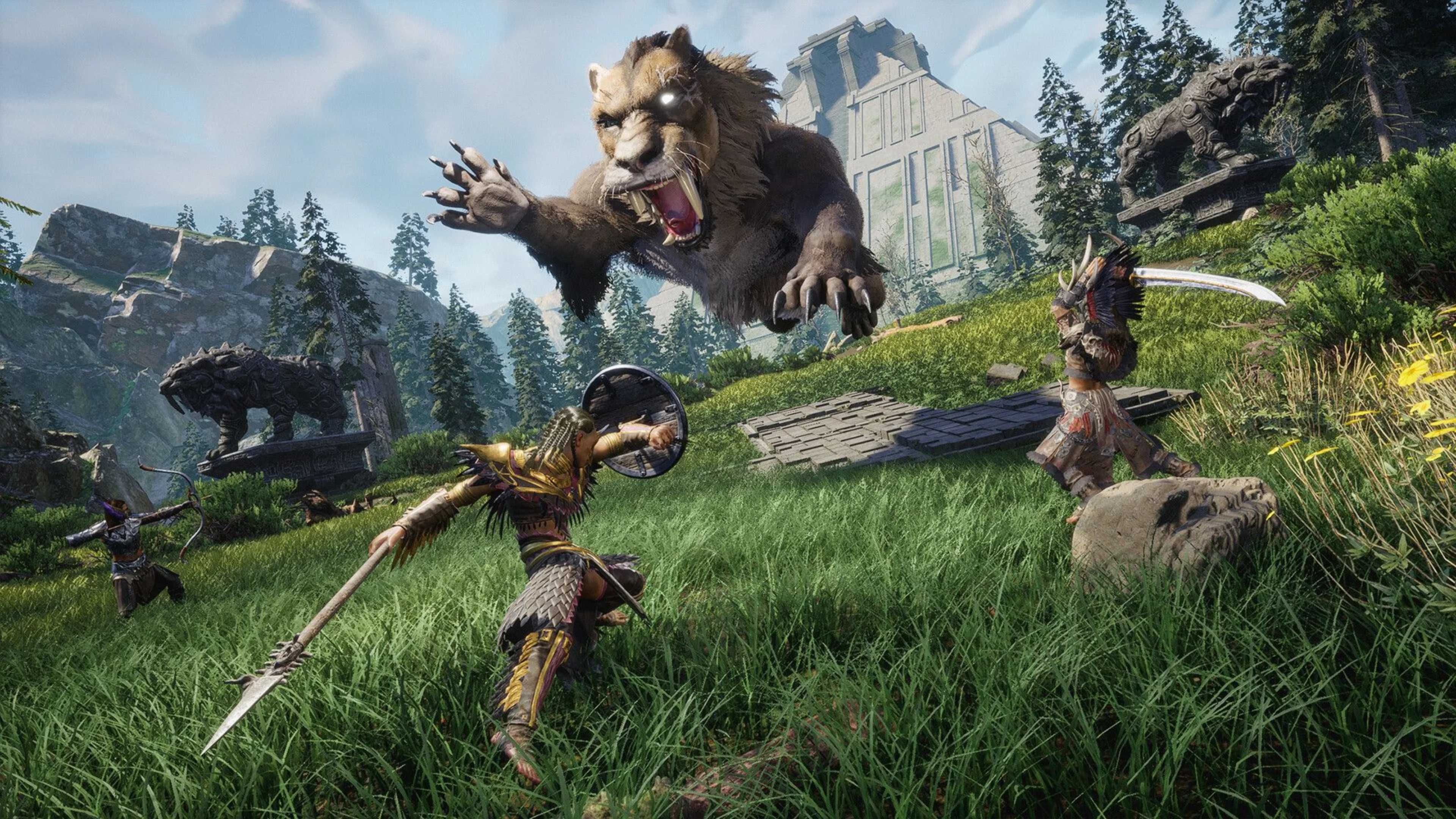 Armored adventurers battle a leaping, saber-toothed beast on a grassy hillside in Enshrouded.