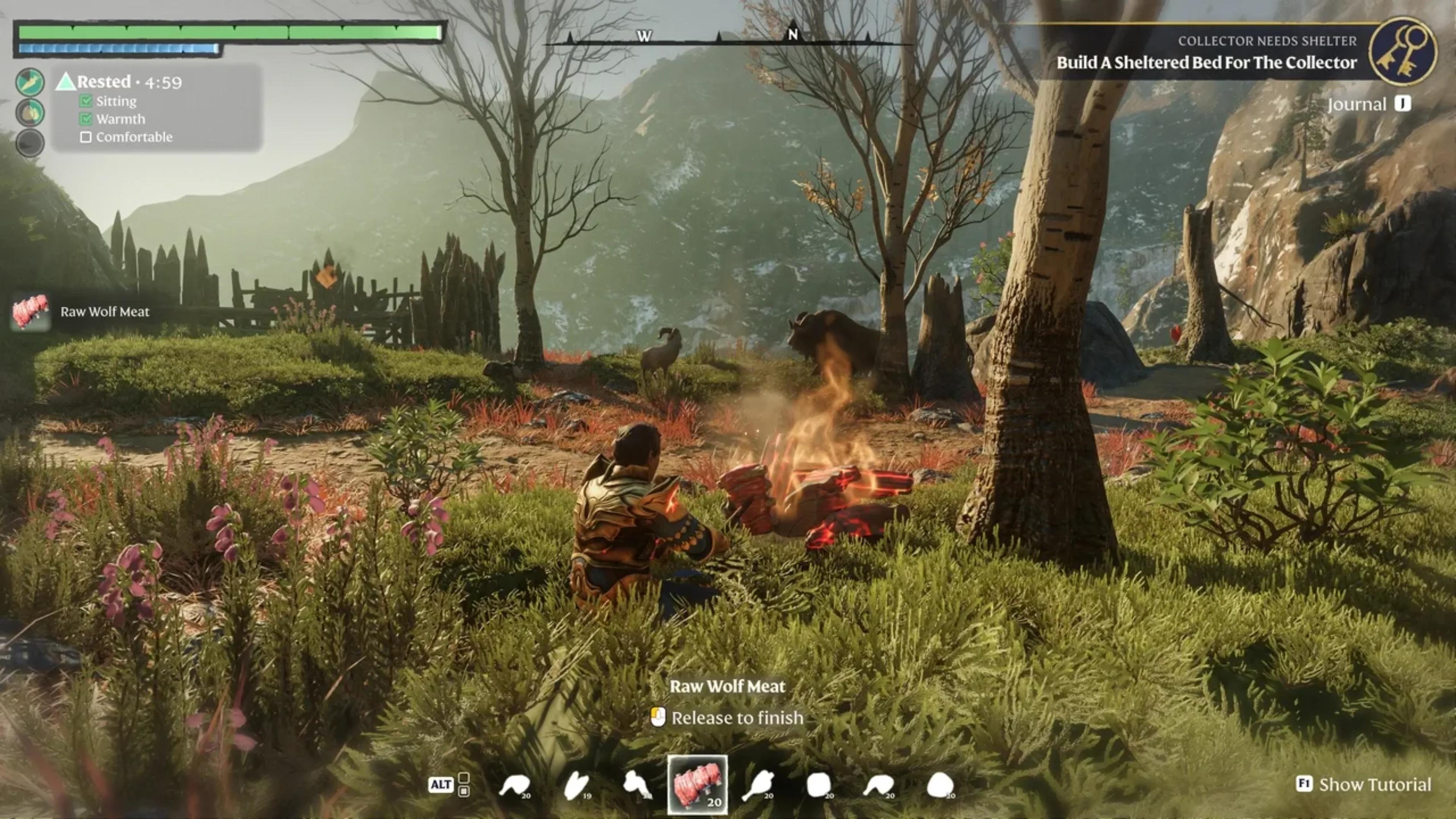 An Enshrouded player cooks meat beside a campfire in a forest while the Rested status appears on screen.