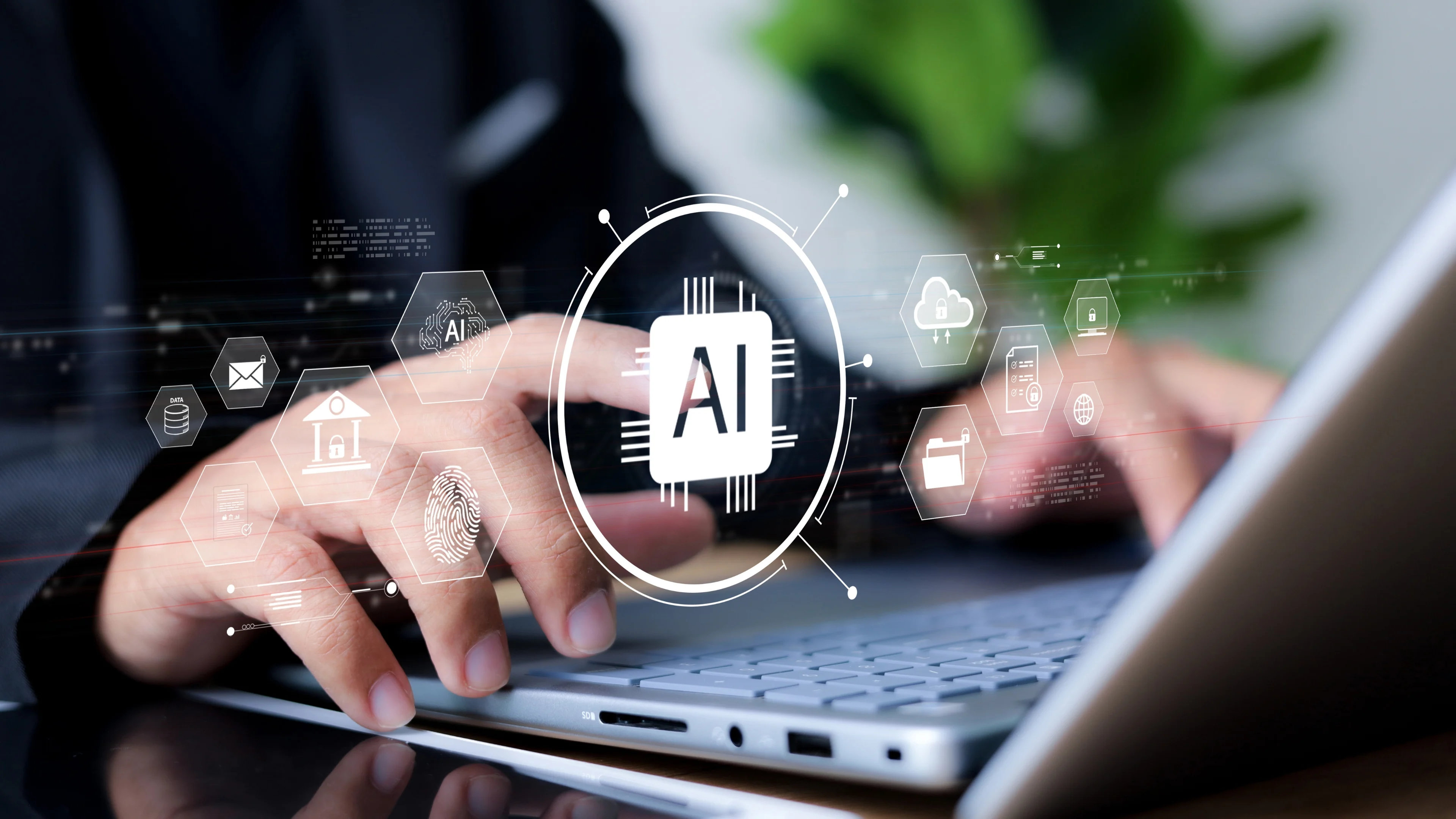 Person typing on a laptop with a digital AI processor symbol and cybersecurity, cloud storage and data icons overlaid on the image.
