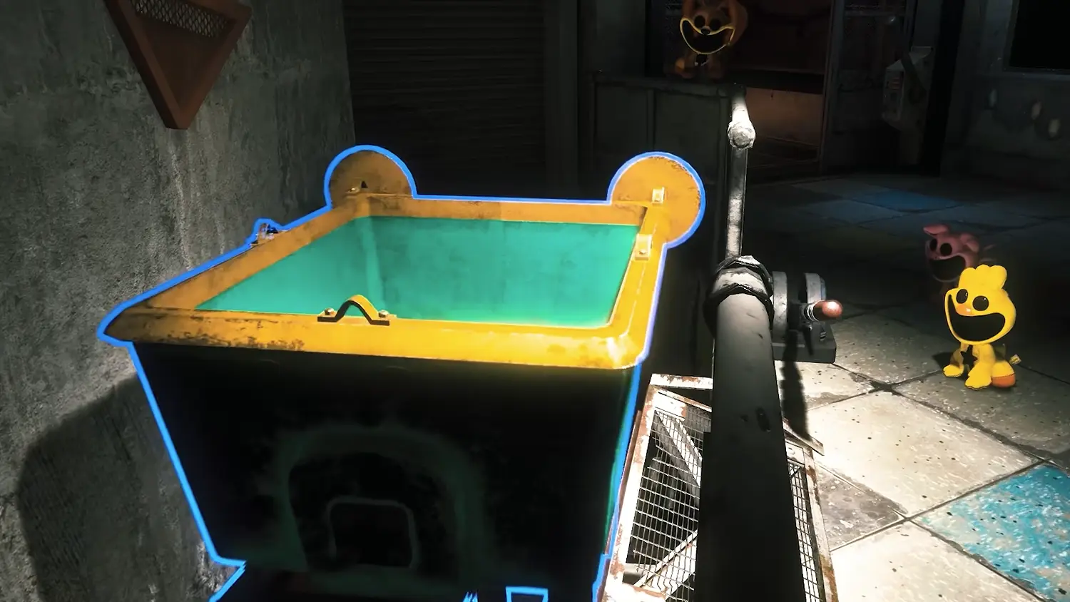 A highlighted industrial container and Smiling Critters inside an abandoned toy factory in Escape from Playtime.