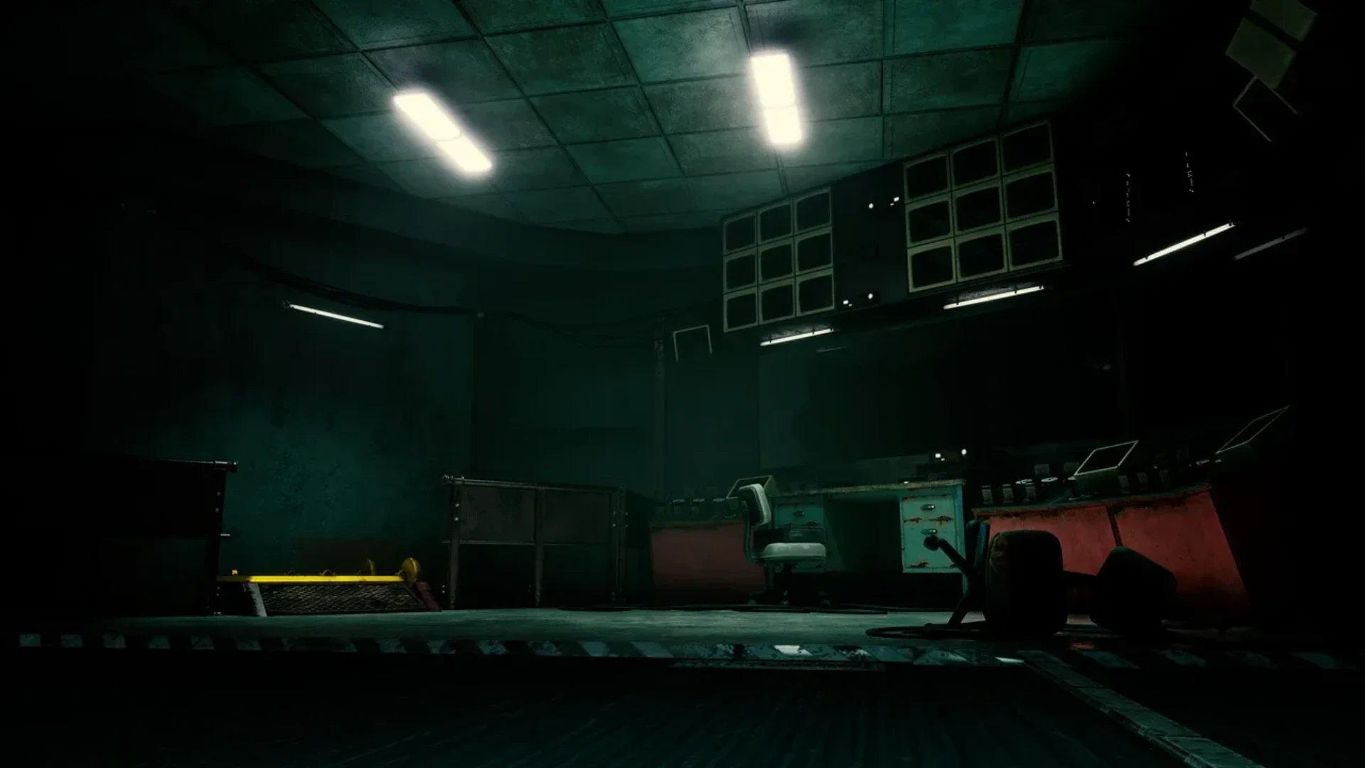 A dark abandoned control room with desks, monitors, crates, and overhead lights in Escape From Playtime.