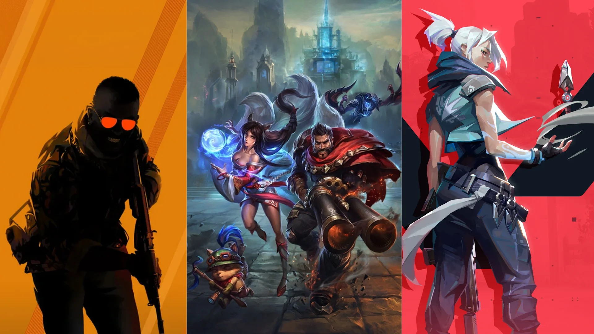 Artwork from Counter-Strike 2, League of Legends and VALORANT appears side by side in an esports game collage.