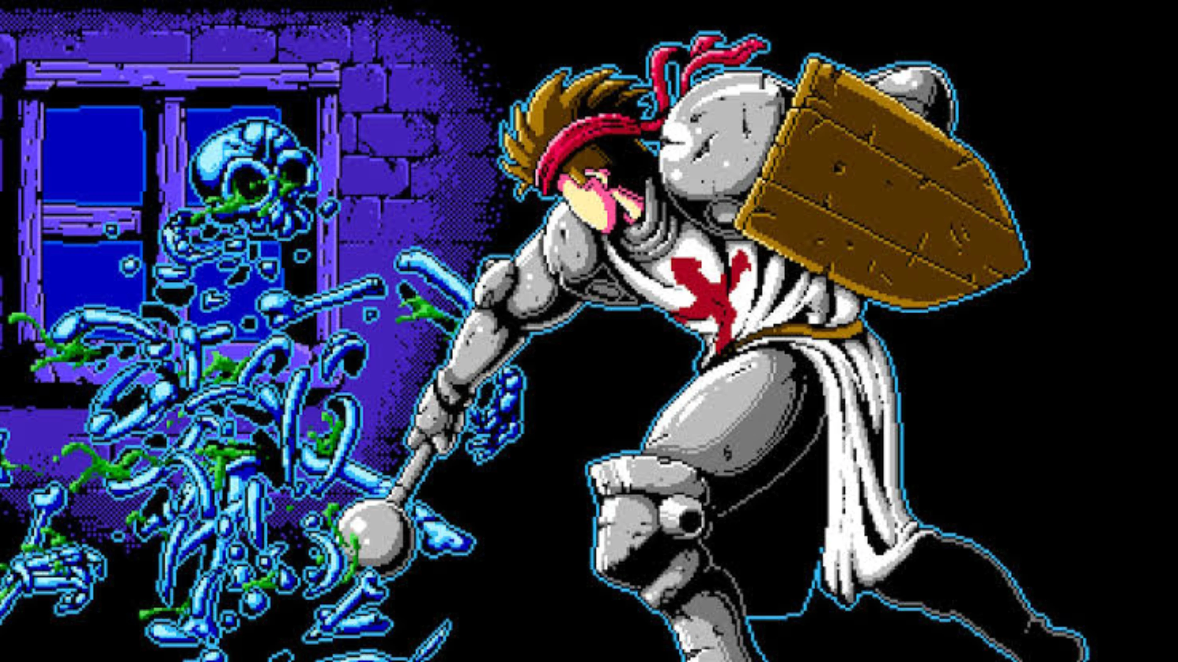 An armored warrior with a large shield faces blue skeletal enemies against a purple stone structure in Eternal Hunters.