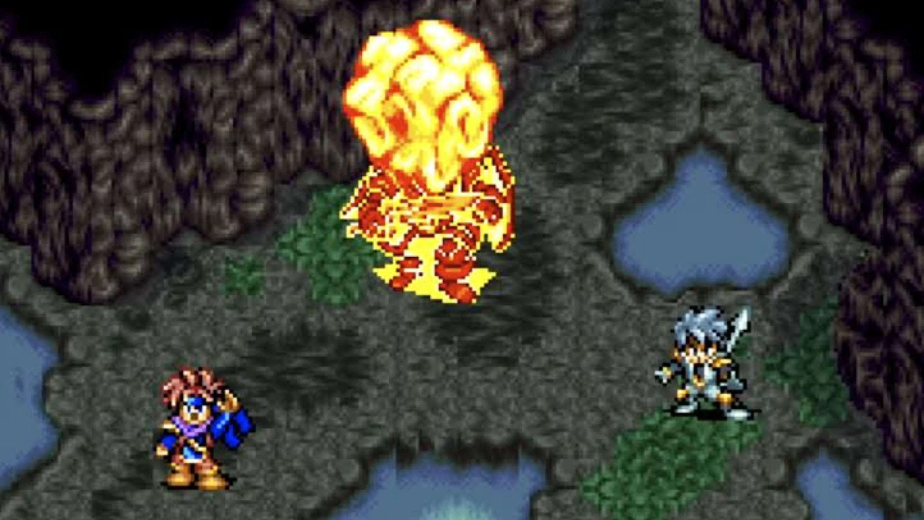 Two pixel-art adventurers face a glowing orange enemy surrounded by flames inside a rocky cavern in Eternal Hunters.