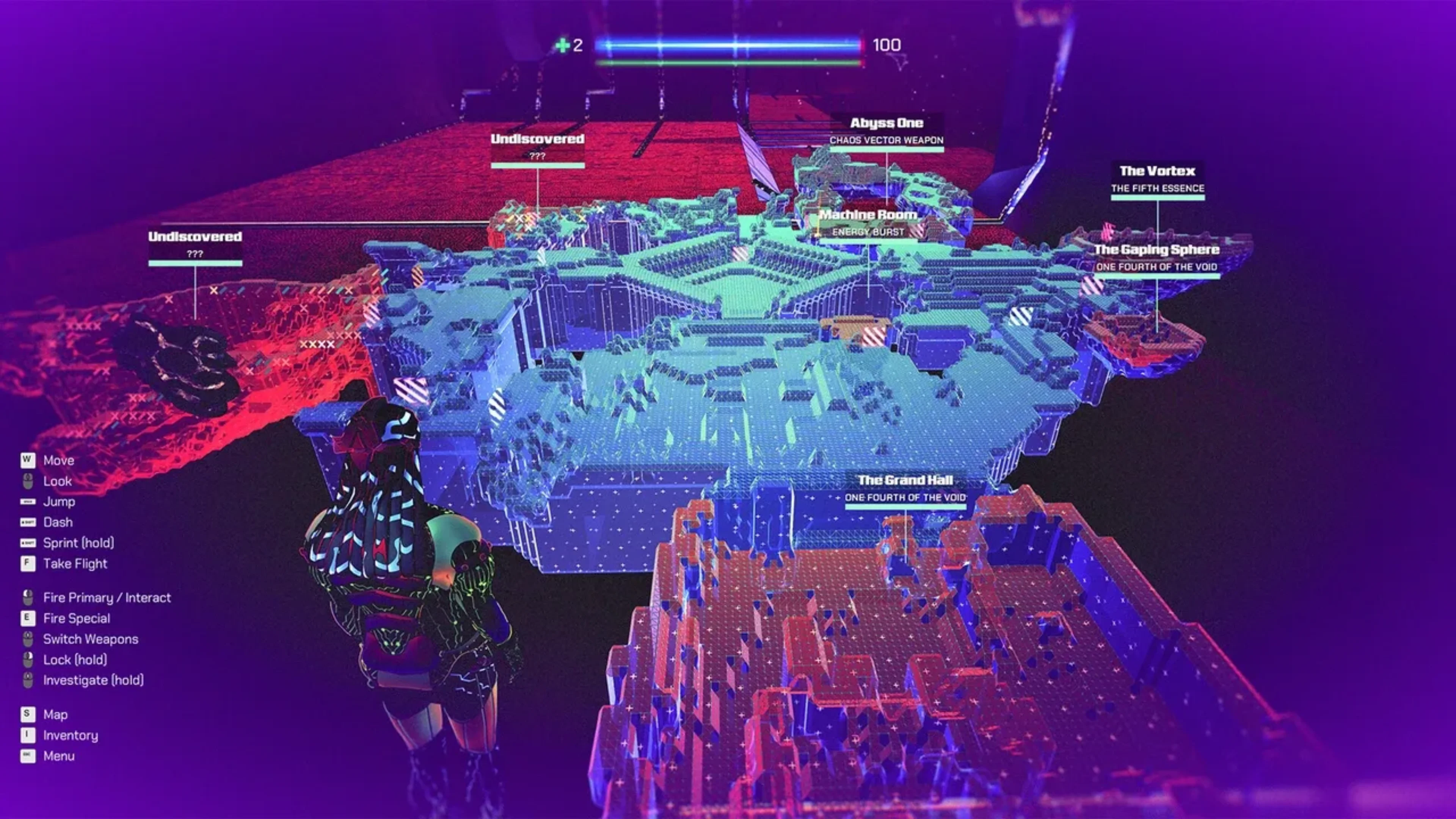 Etre gameplay displays a colorful holographic map of Orbis with locations including the Grand Hall, Machine Room and Vortex.