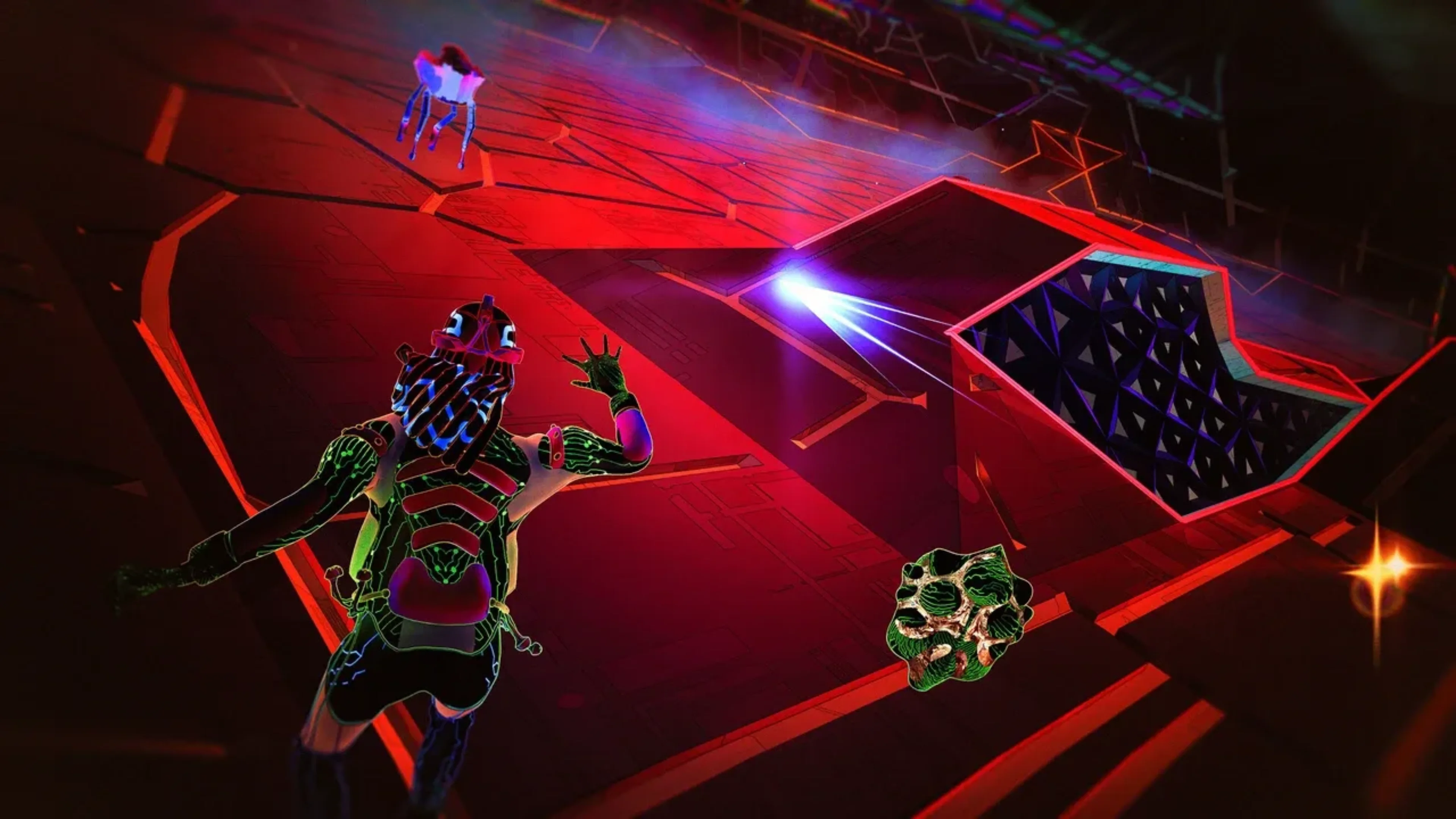 Etre gameplay shows a futuristic armored character facing a strange angular structure and floating alien creature in a red-lit environment.