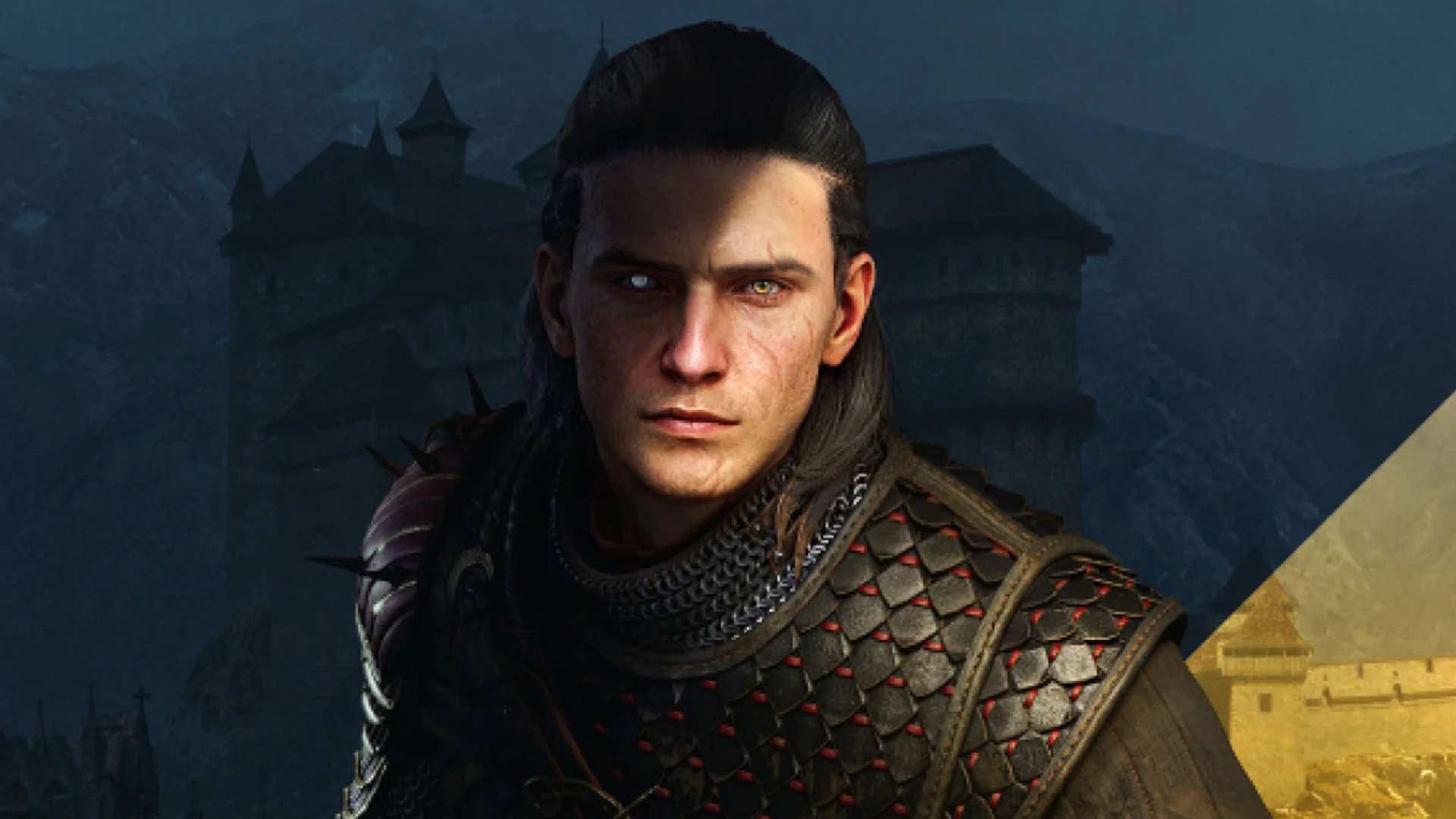 Coen faces forward in armour with a fortress behind him at night.