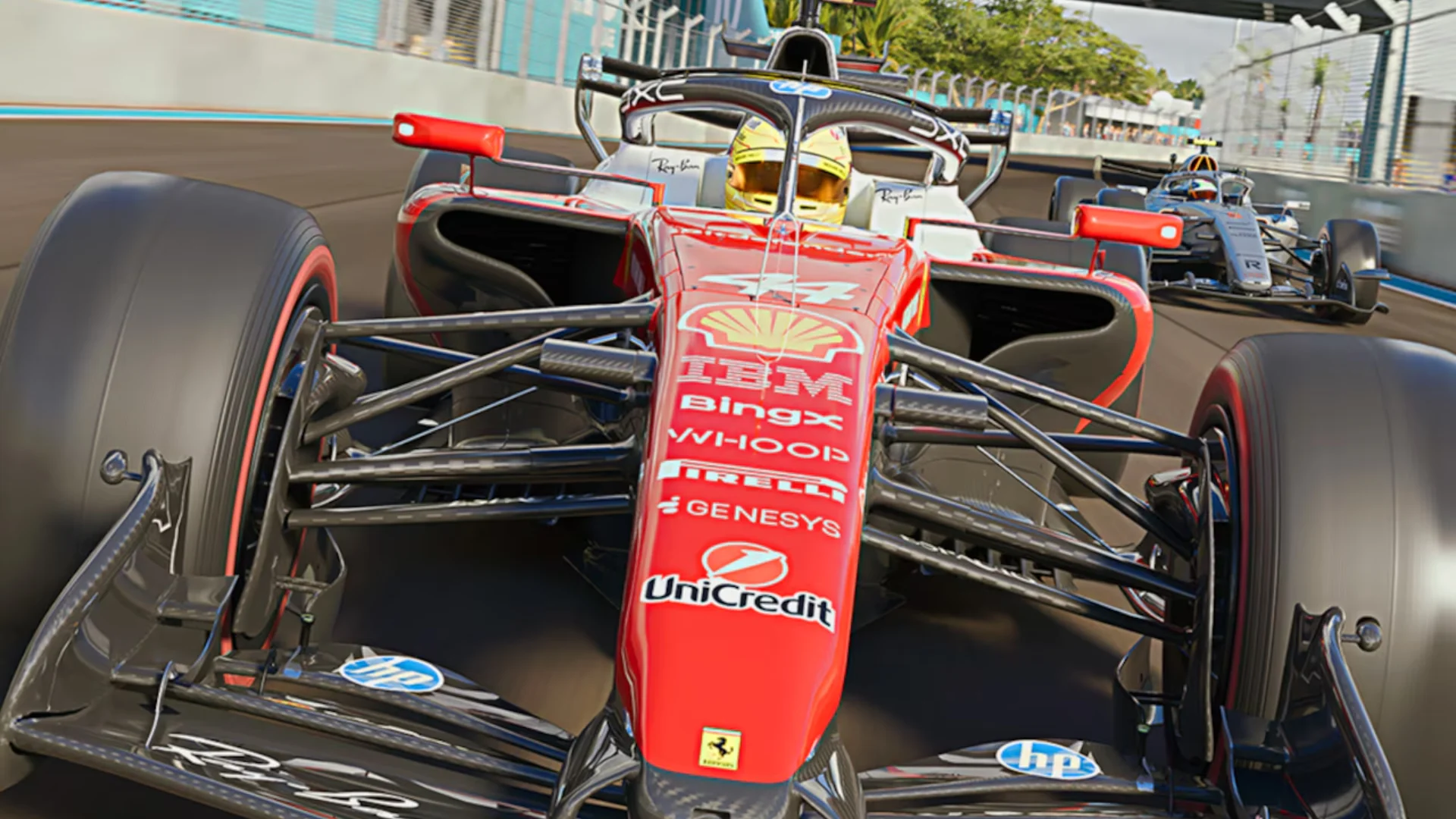 Ferrari Formula 1 car leads another driver during an F1 25 race