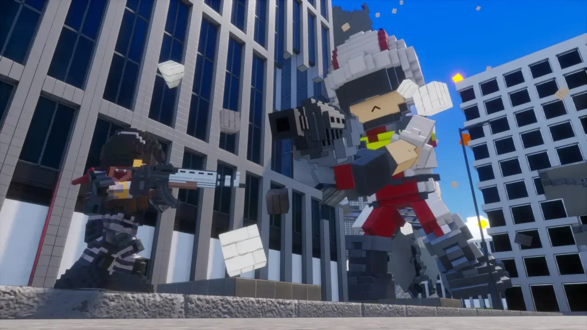 Blocky Earth Defense Force soldier battles a giant enemy in Earth Defense Force: World Brothers 2
