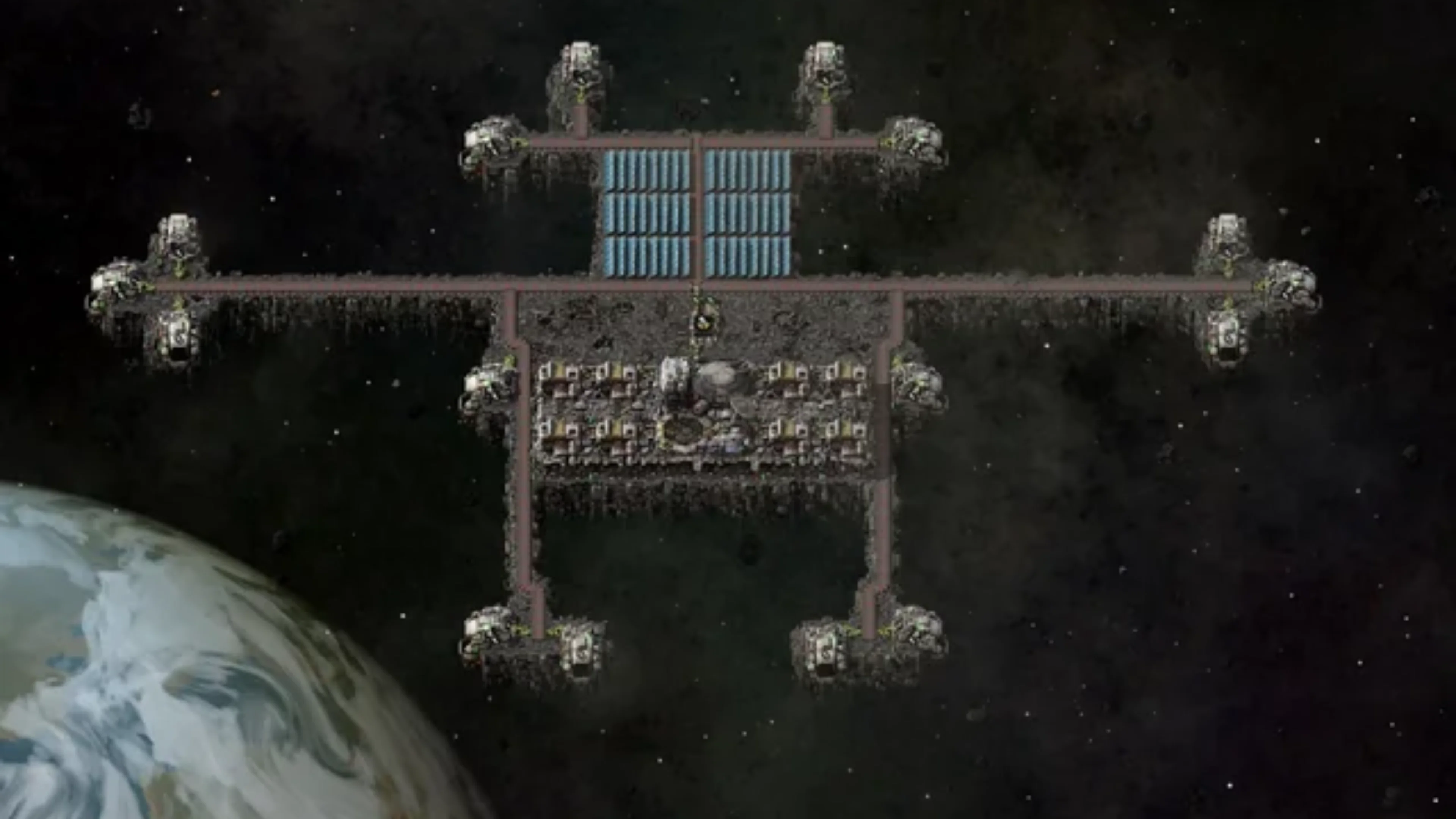 A Factorio space platform with blue solar panels, defensive turrets and machinery orbiting above a planet.