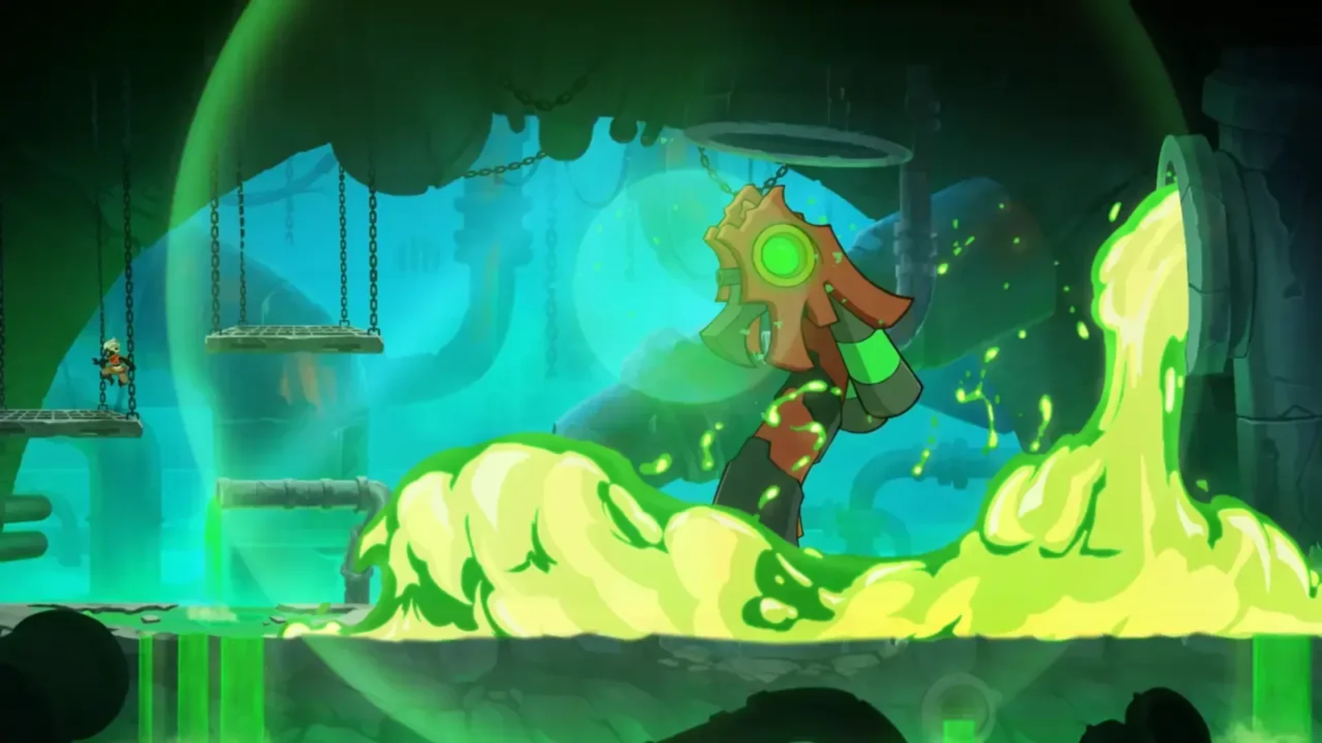 Hira leaps above a large aquatic creature during a battle in Fallen Tear: The Ascension.