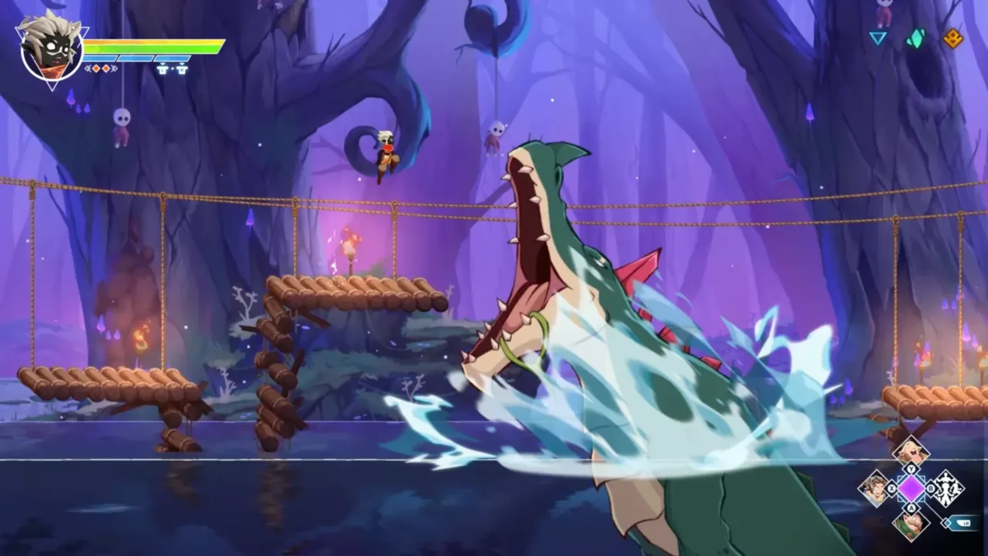 Hira crosses platforms above glowing green liquid and a large mechanical structure in Fallen Tear: The Ascension.