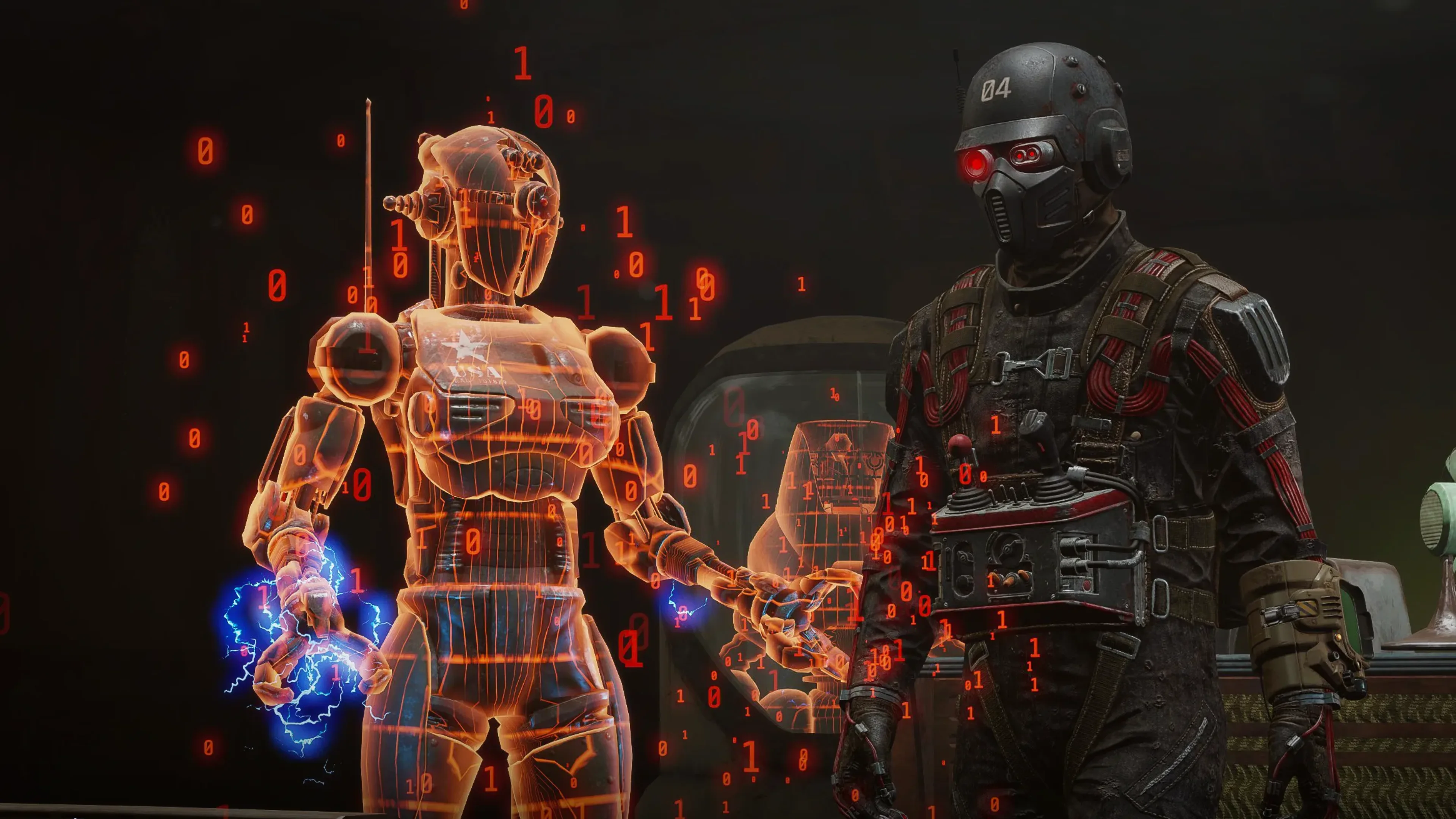 Armored character stands beside an orange holographic robot surrounded by binary code in Fallout 4 Command Override.