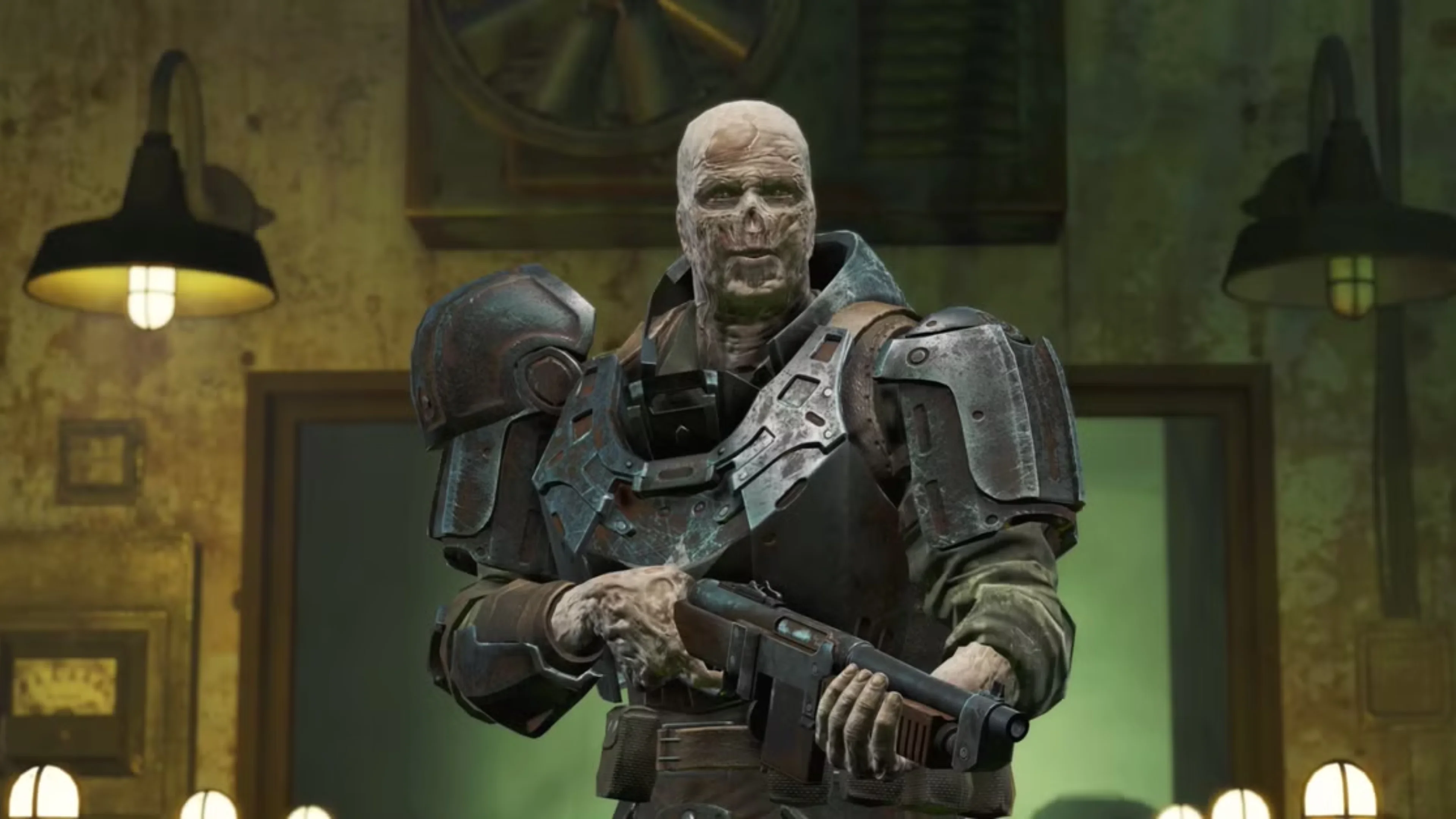 Pale, scarred character wearing heavy metal armor and holding a firearm in Fallout 4 FEVer Dreams.