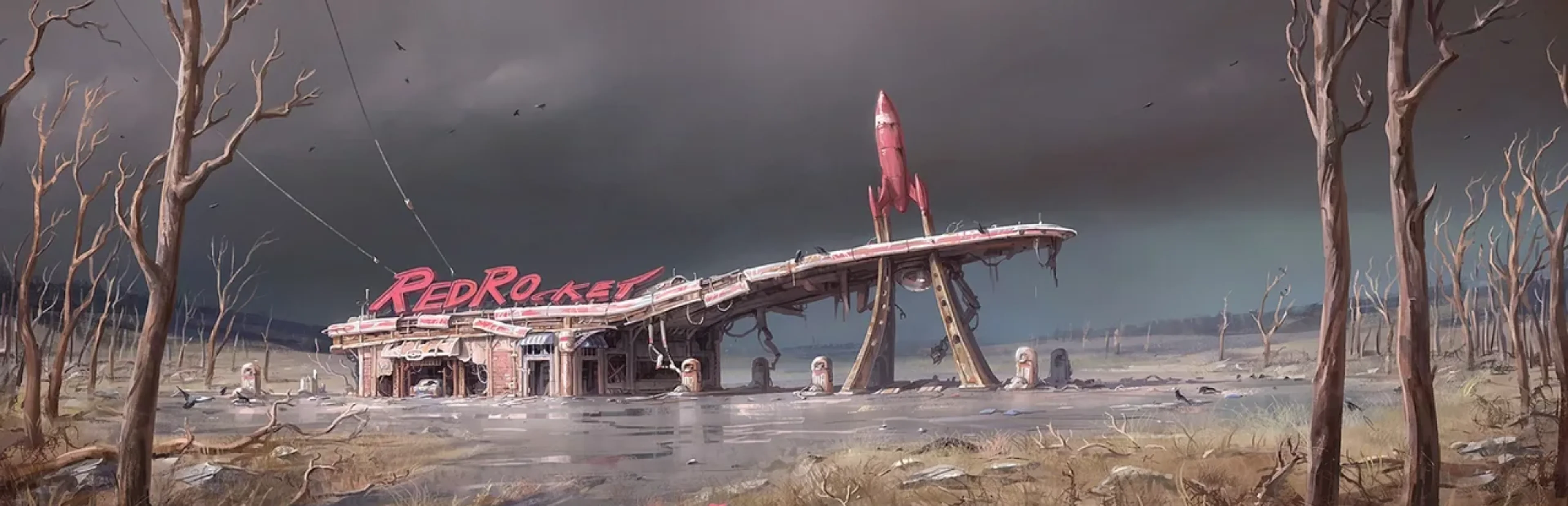 Abandoned Red Rocket gas station surrounded by dead trees beneath a dark sky in Fallout 4 artwork.