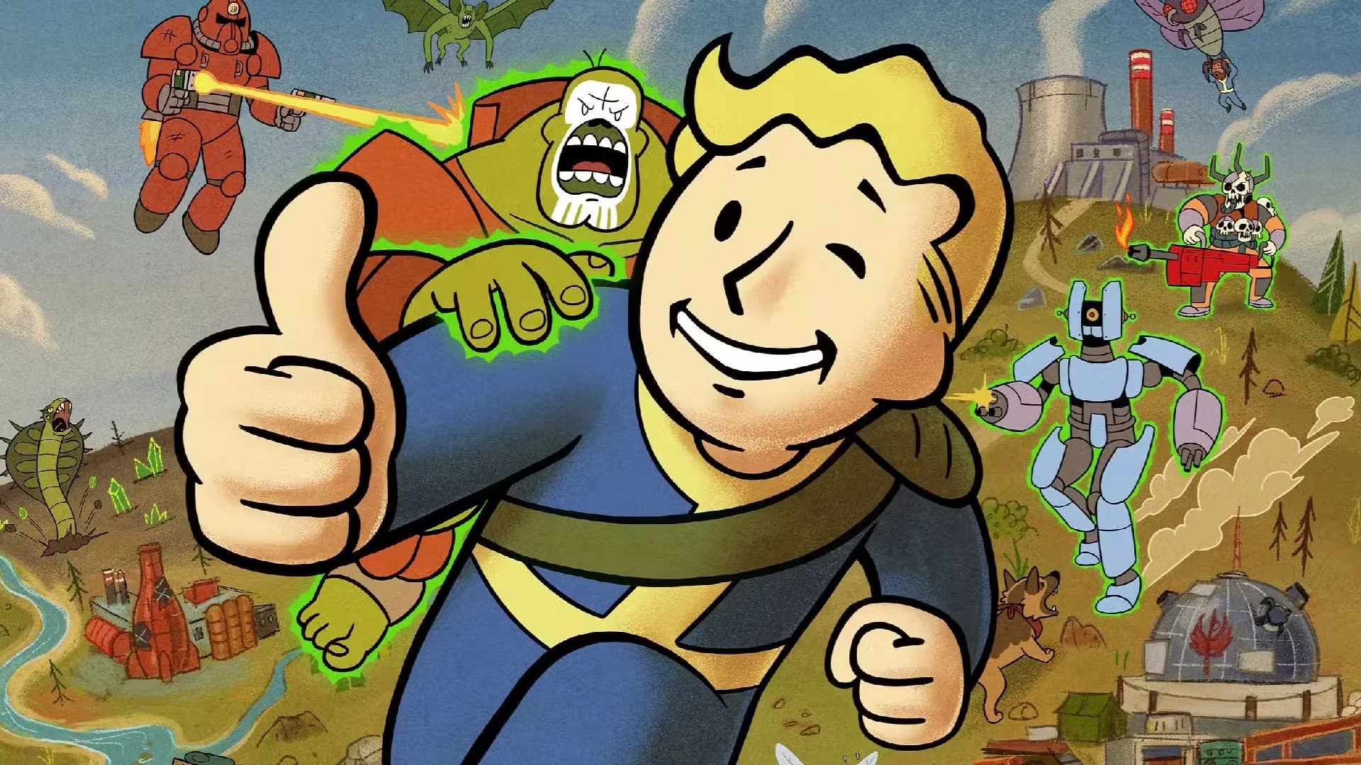 Vault Boy gives a thumbs-up while robots, armored figures, creatures, and industrial buildings surround him.