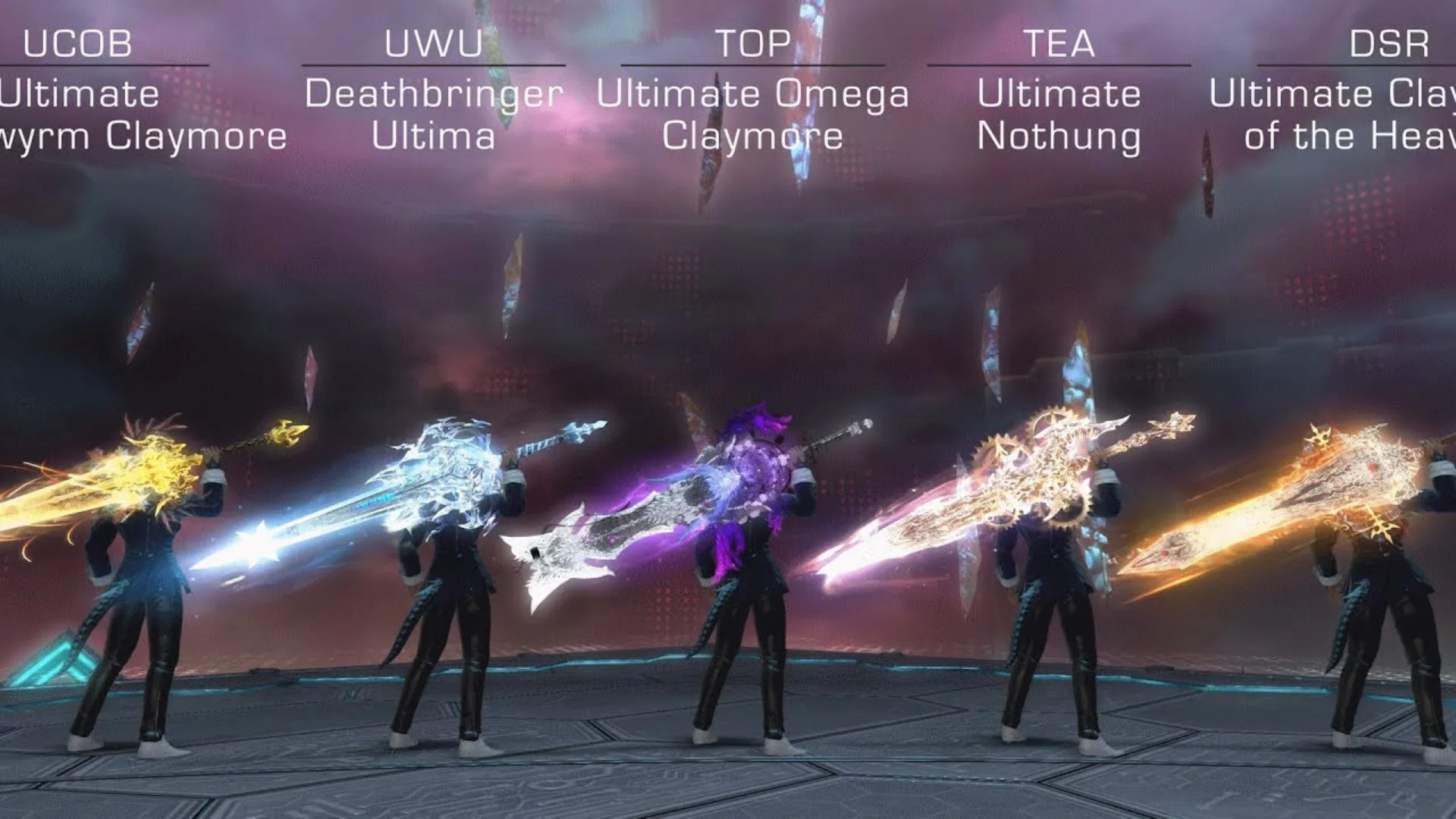 Five Final Fantasy XIV characters hold glowing weapons beneath labels for several Ultimate raids.