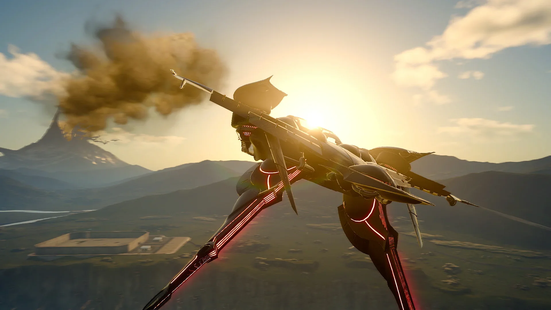 The Regalia Type-G flies above a mountainous landscape with an erupting volcano in the distance.