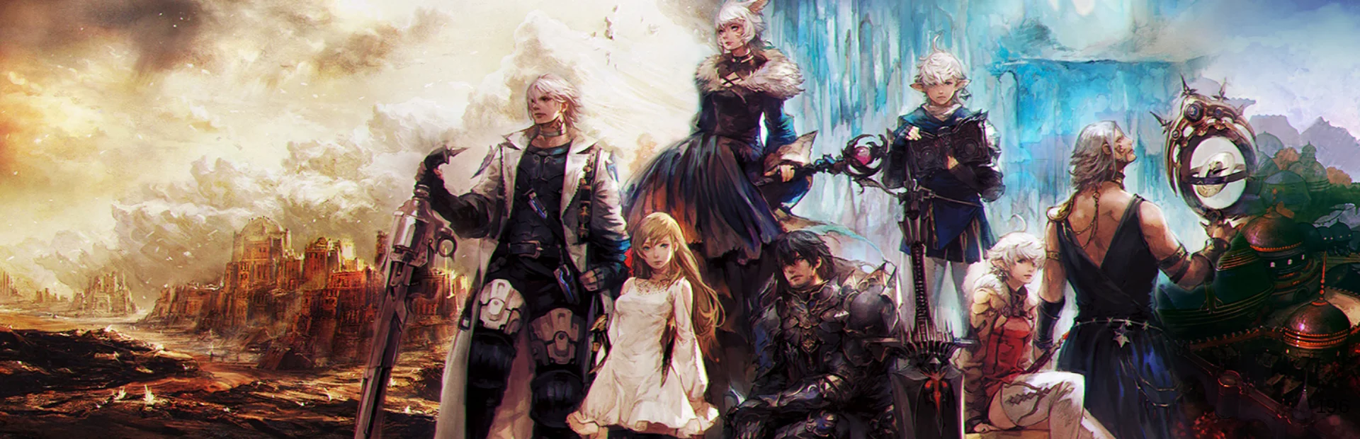 Final Fantasy XIV characters gather across a fantasy landscape of ruined cities, mountains, and icy cliffs.