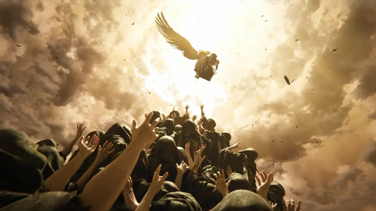 A winged figure rises into a bright golden sky above a crowd reaching upward in Final Fantasy VII.