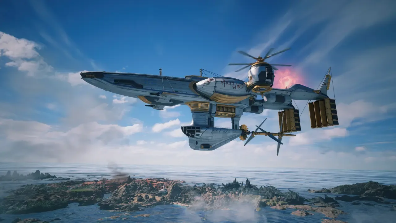 The Highwind airship flying above the world map under a clear blue sky in Final Fantasy VII.