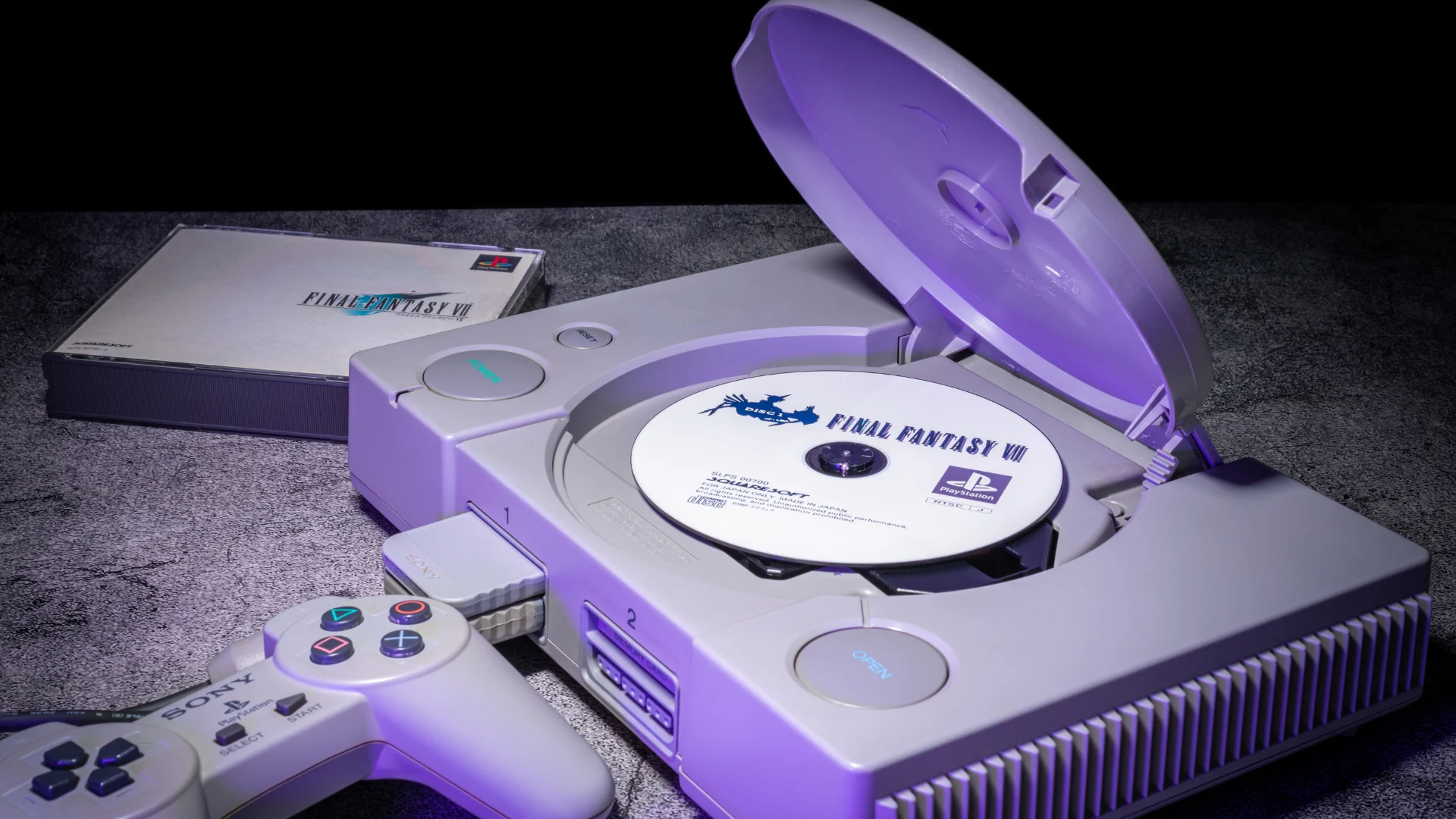 Original PlayStation console with Final Fantasy VIII disc, game case and controller